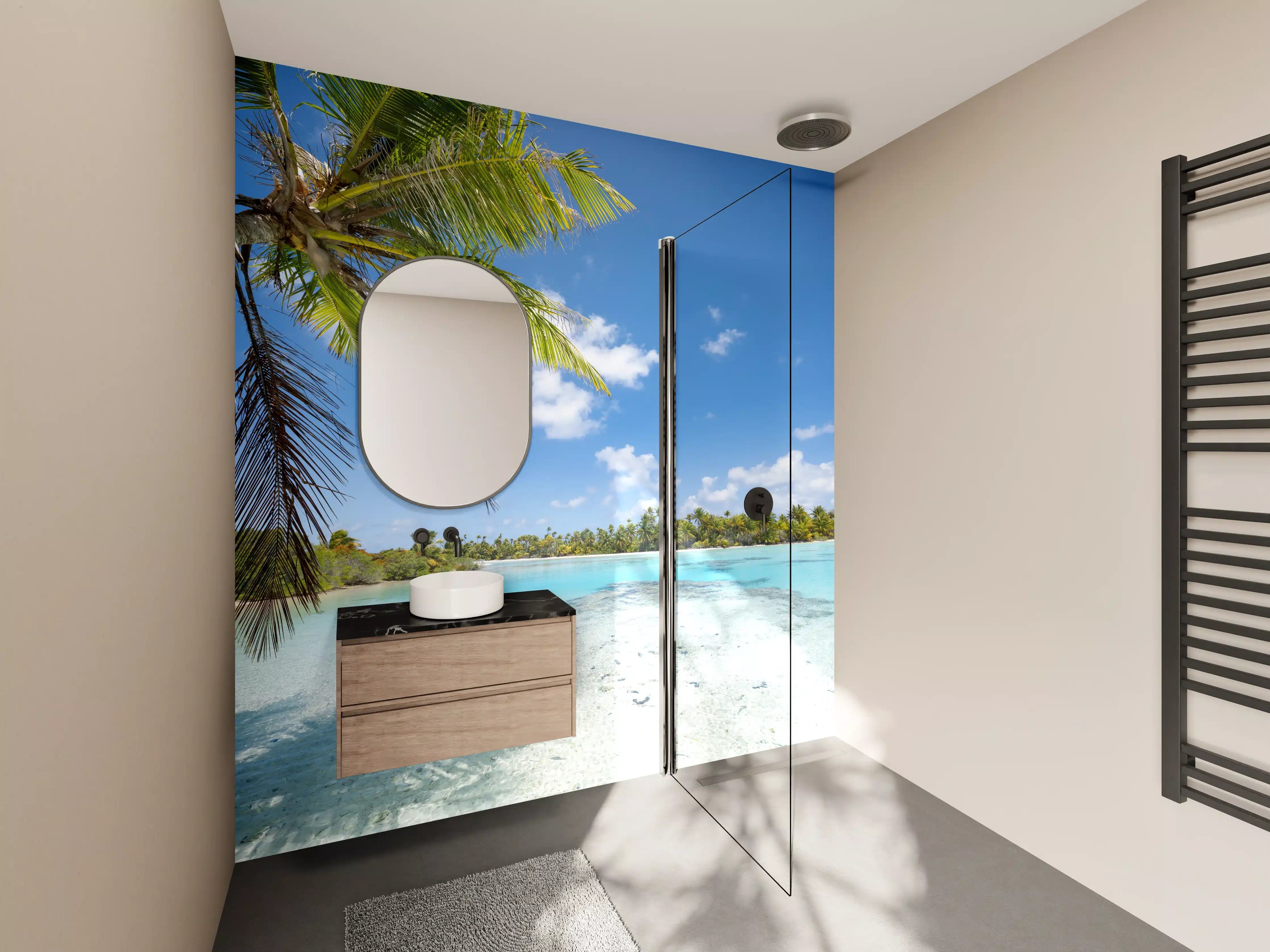 Wandverkleidung Bad - Nebelschwerer Strand mit Palmen