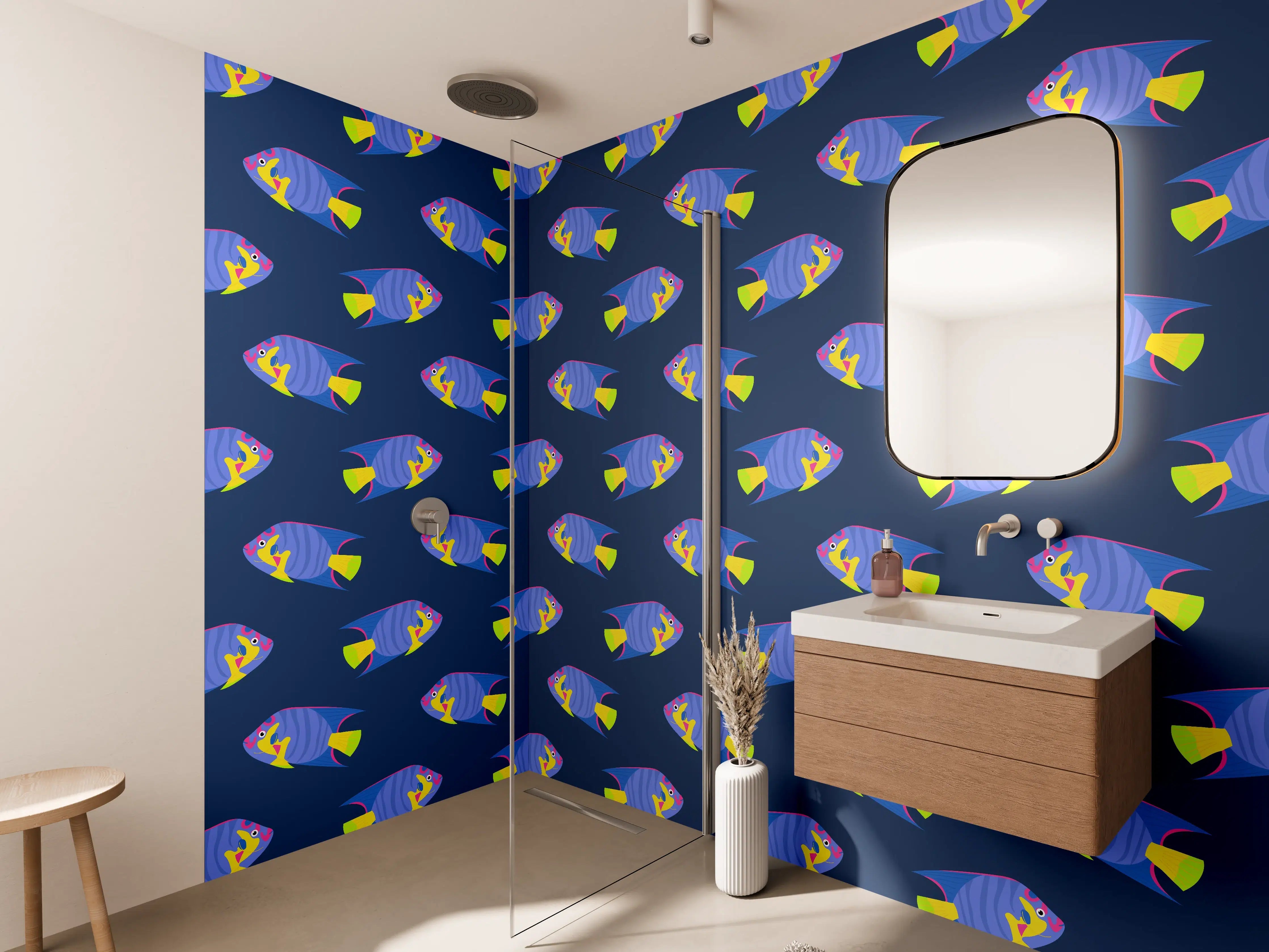 Wandverkleidung Bad - Neon-Fische Blau-Gelb Muster