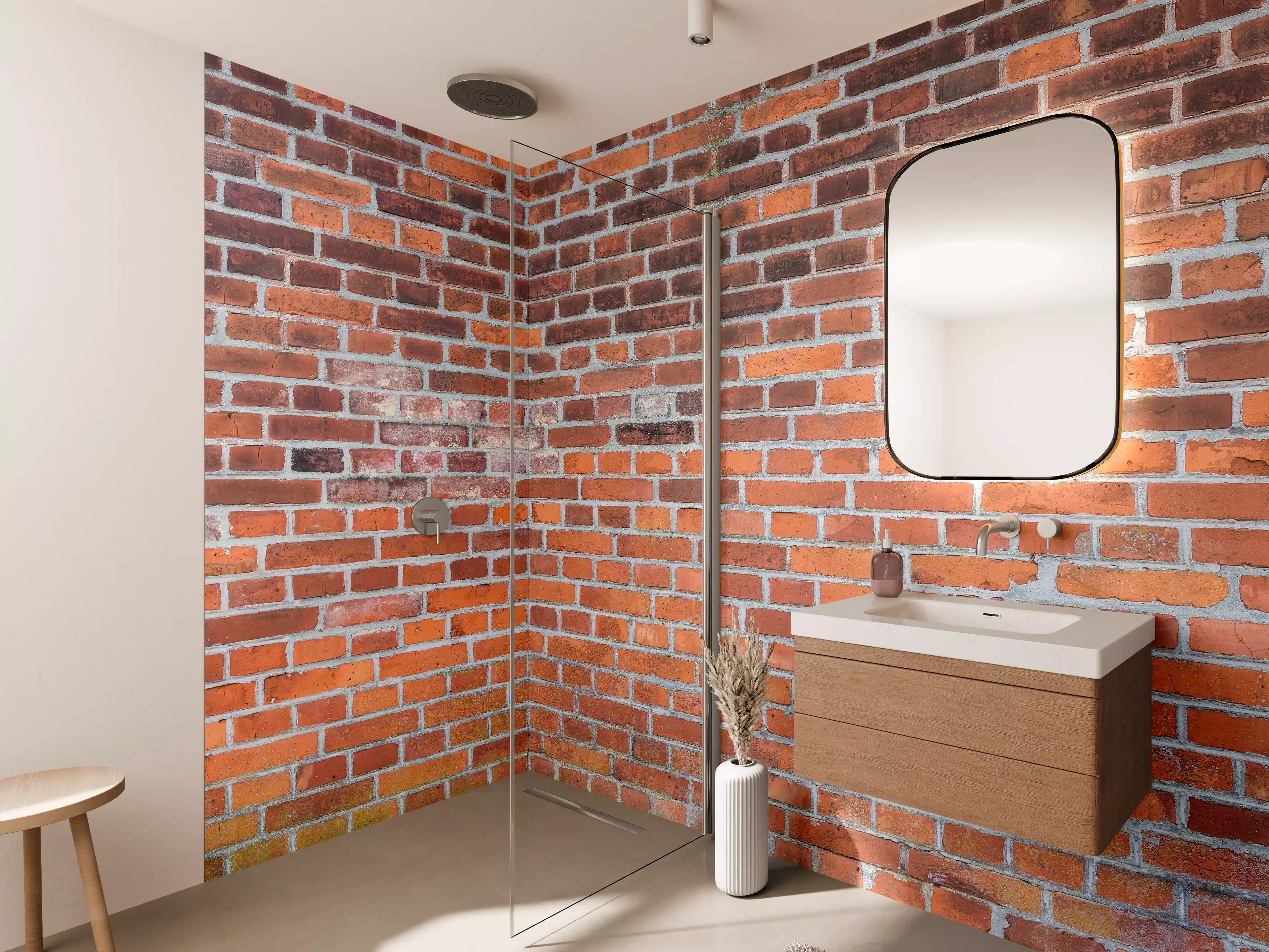 Wandverkleidung Bad - Neutrale Ziegelwand mit warmen Rottönen