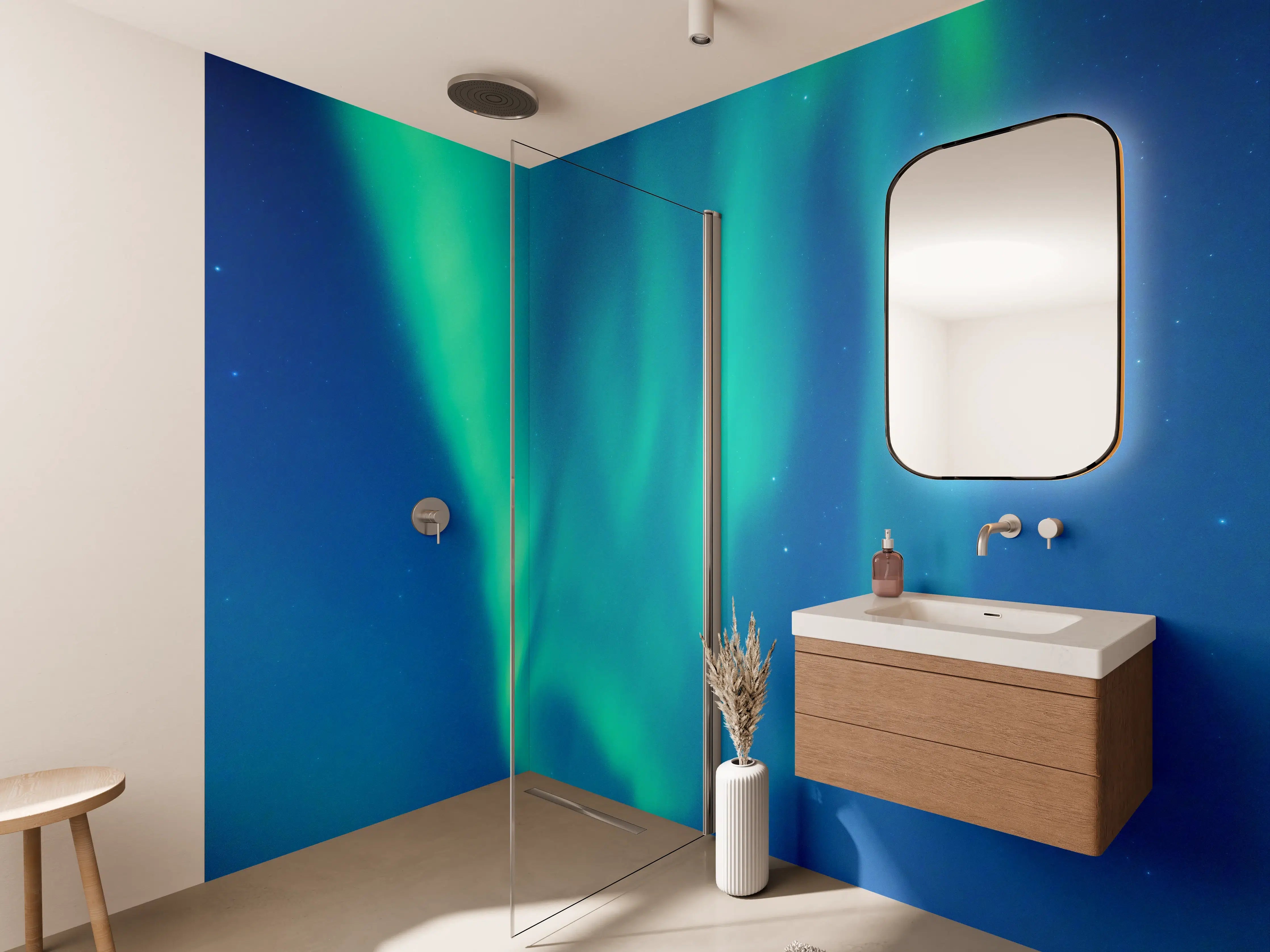 Wandverkleidung Bad - Nordlichter in grünen und blauen Tönen
