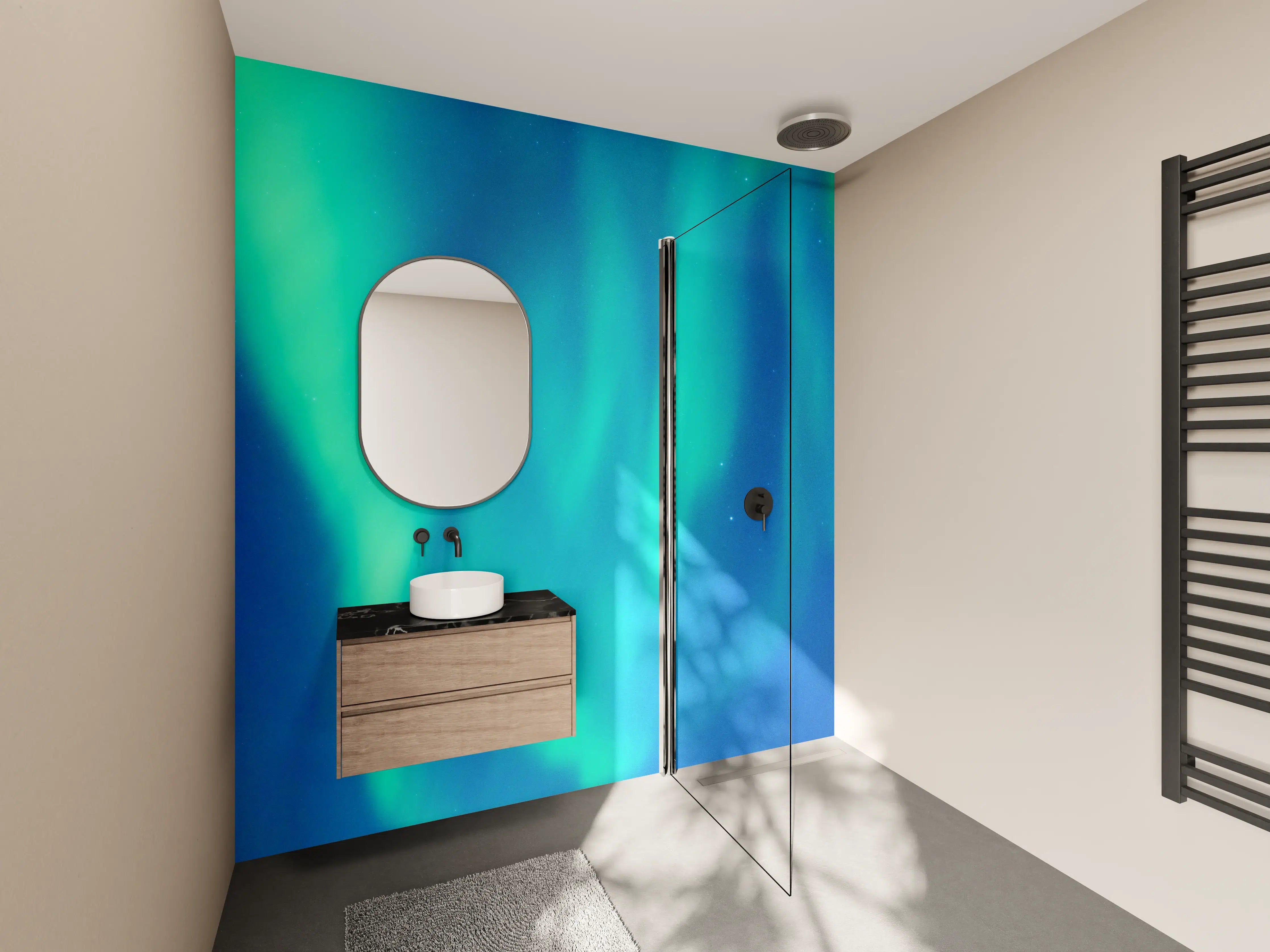 Wandverkleidung Bad - Nordlichter in grünen und blauen Tönen