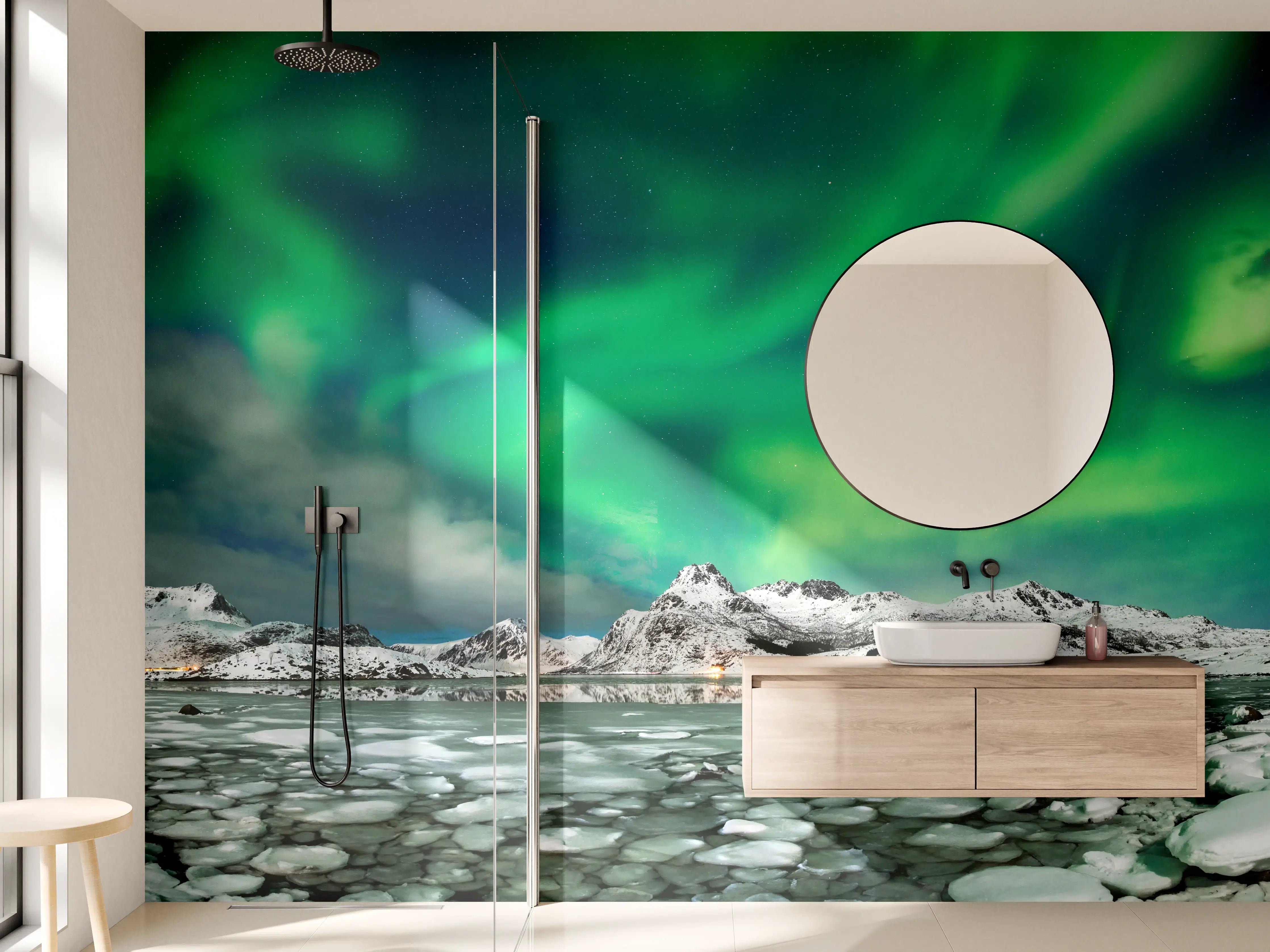 Wandverkleidung Bad - Nordlichter über arktischer Küste