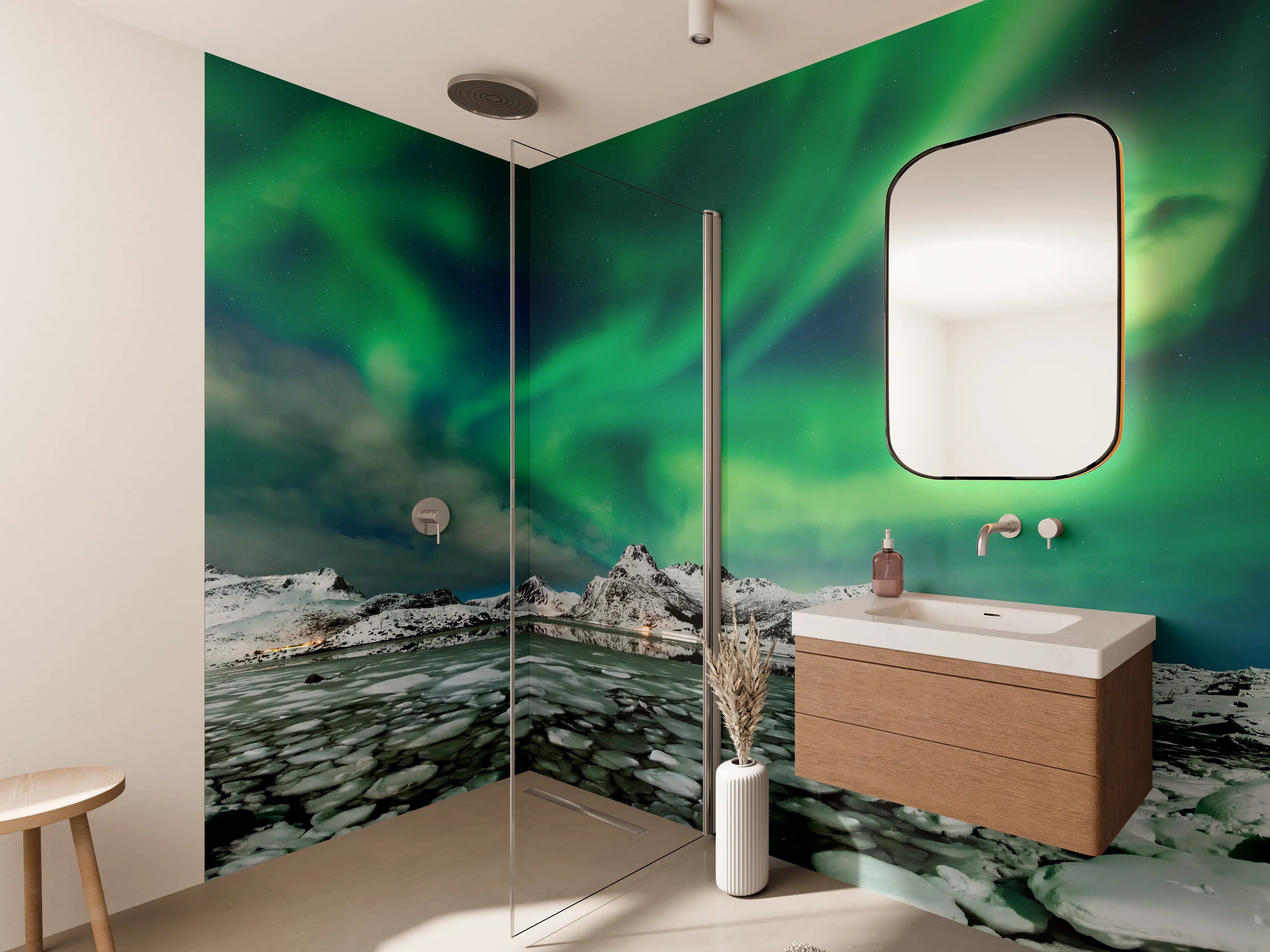 Wandverkleidung Bad - Nordlichter über arktischer Küste
