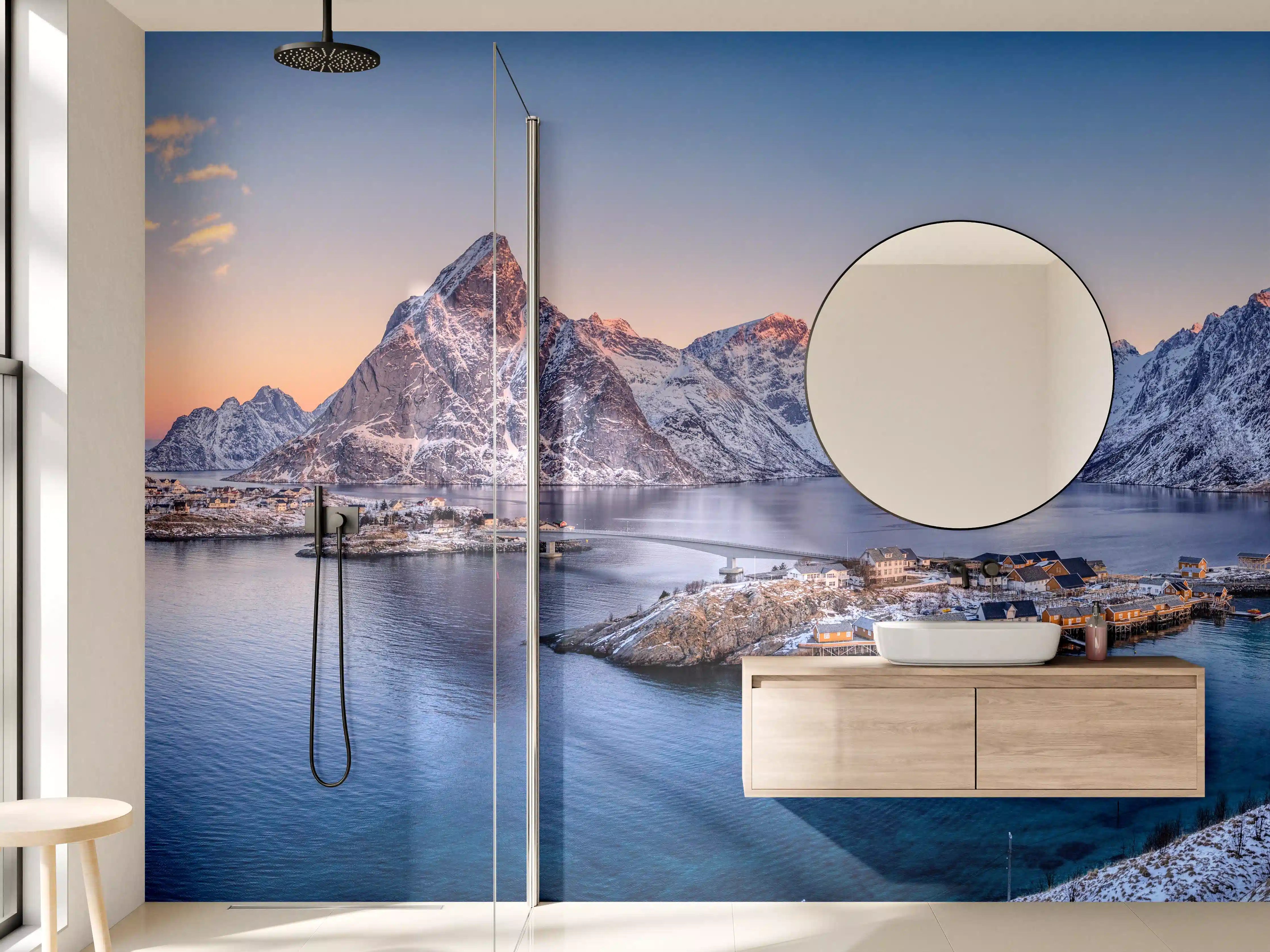 Wandverkleidung Bad - Norwegen Fjord Panorama Blau-Weiß