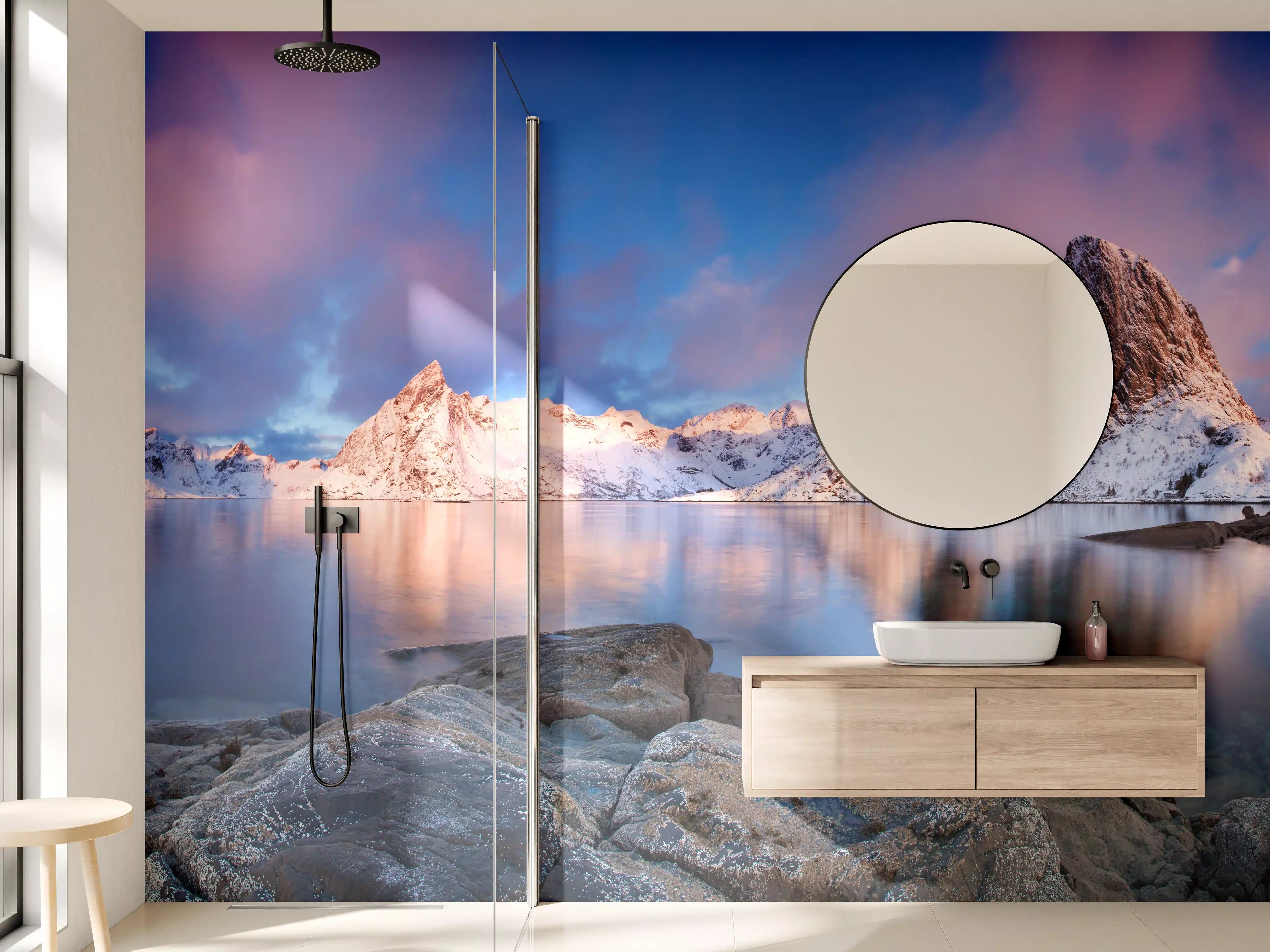 Wandverkleidung Bad - Norwegische Küste Blau-Rosa