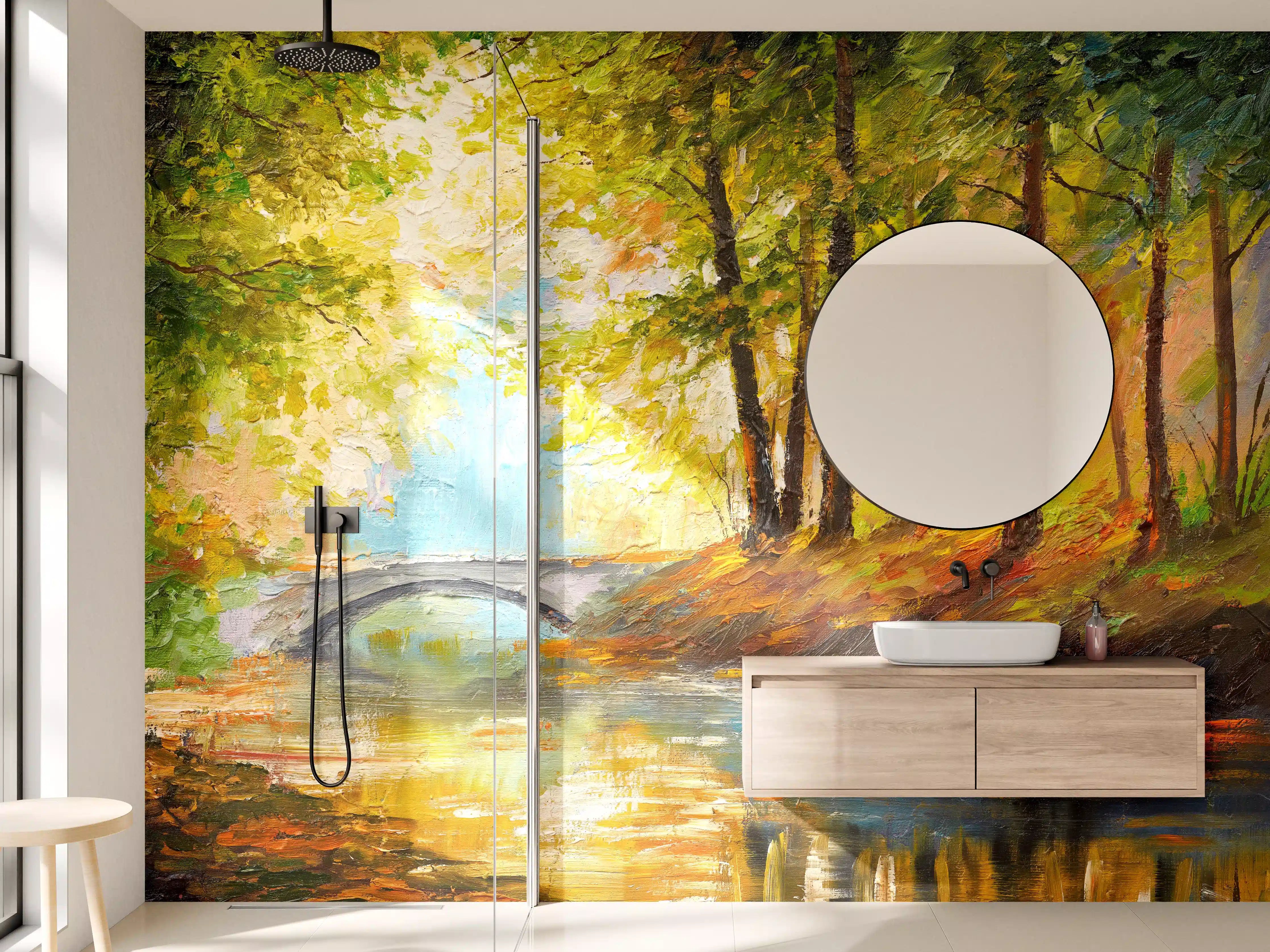 Wandverkleidung Bad - Ölgemälde Herbst Wald mit Fluss