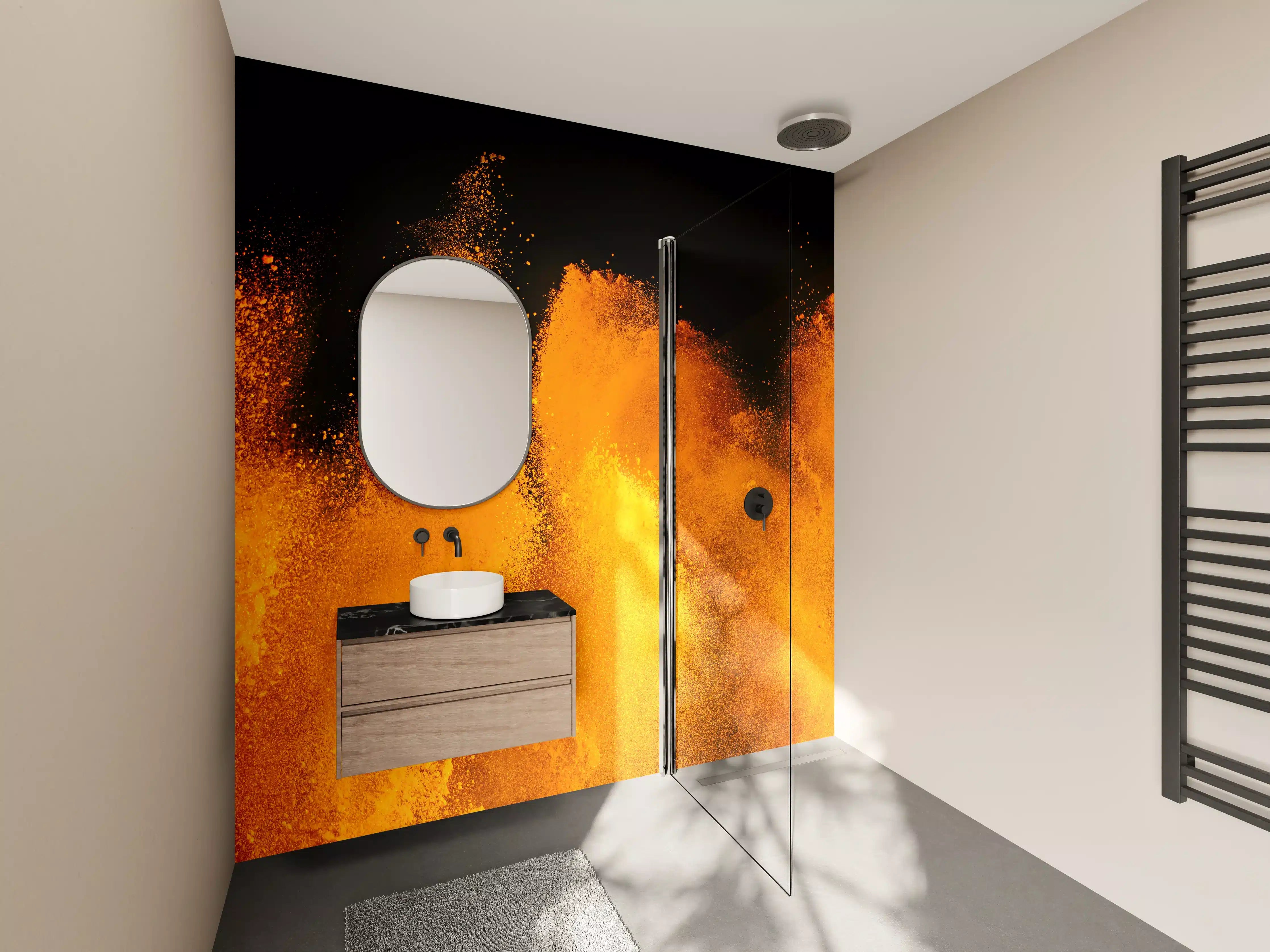 Wandverkleidung Bad - Orange-Rote Holi Farbexplosion