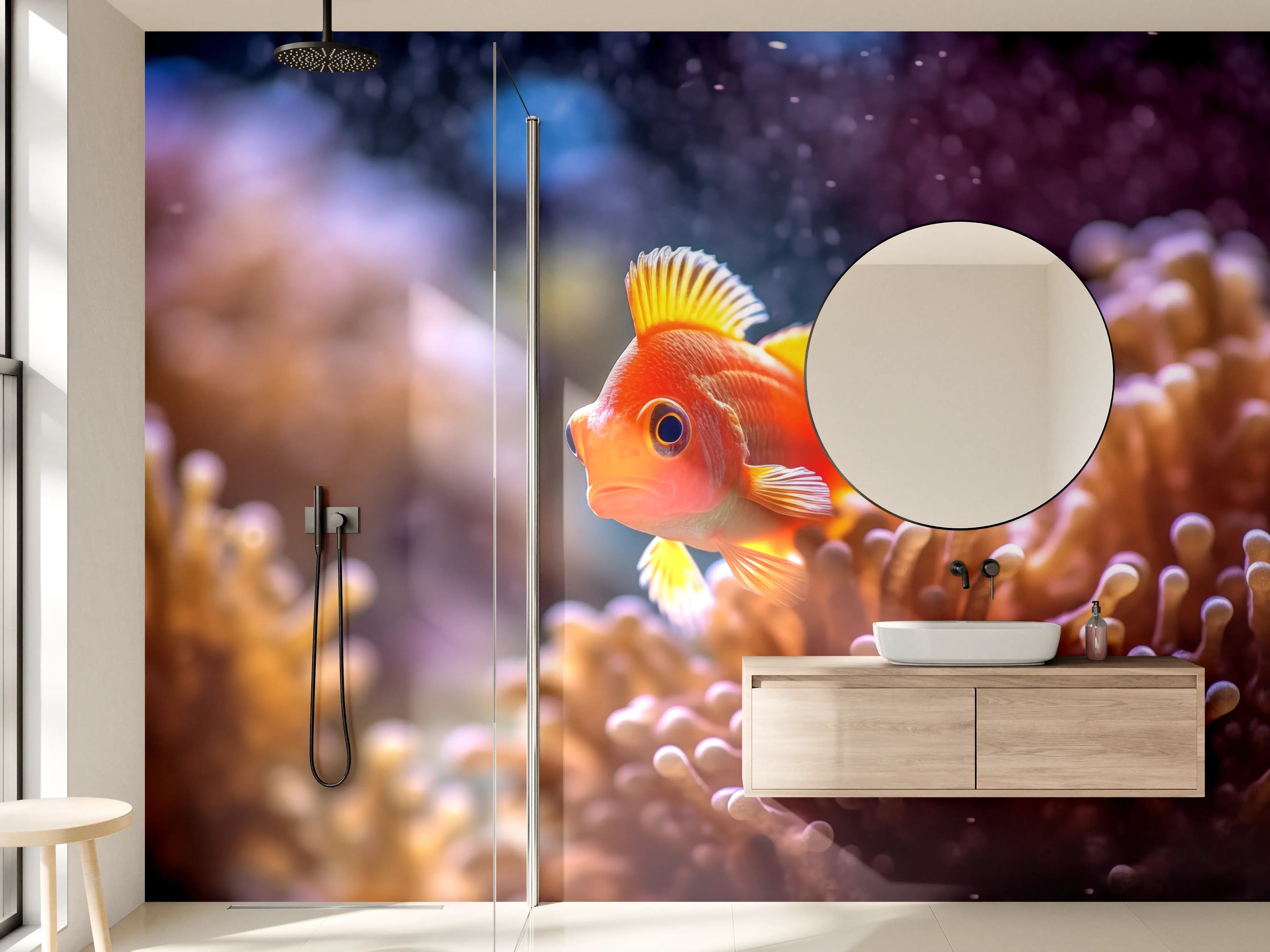Wandverkleidung Bad - Oranger Anemonenfisch im Korallenriff