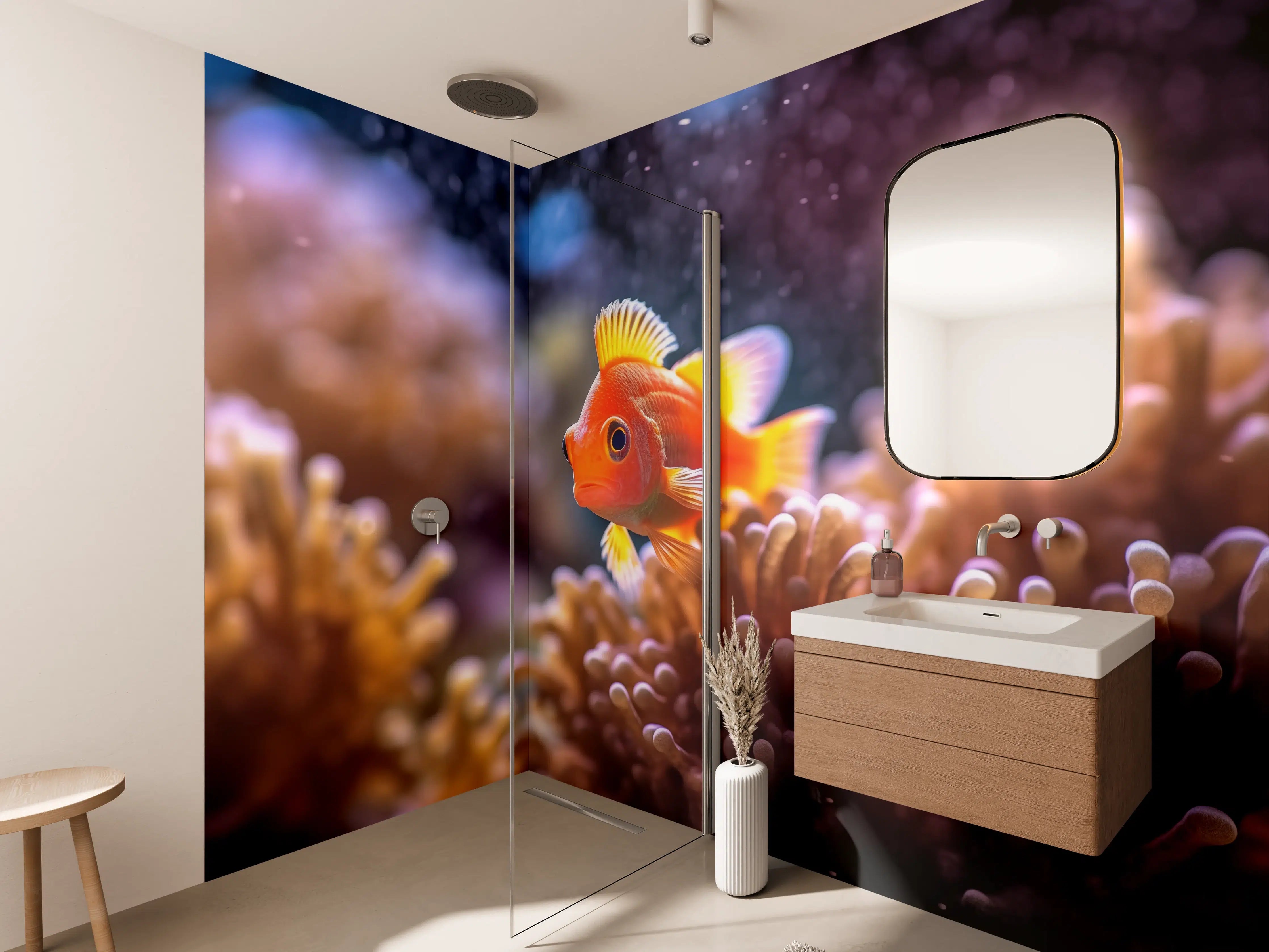 Wandverkleidung Bad - Oranger Anemonenfisch im Korallenriff