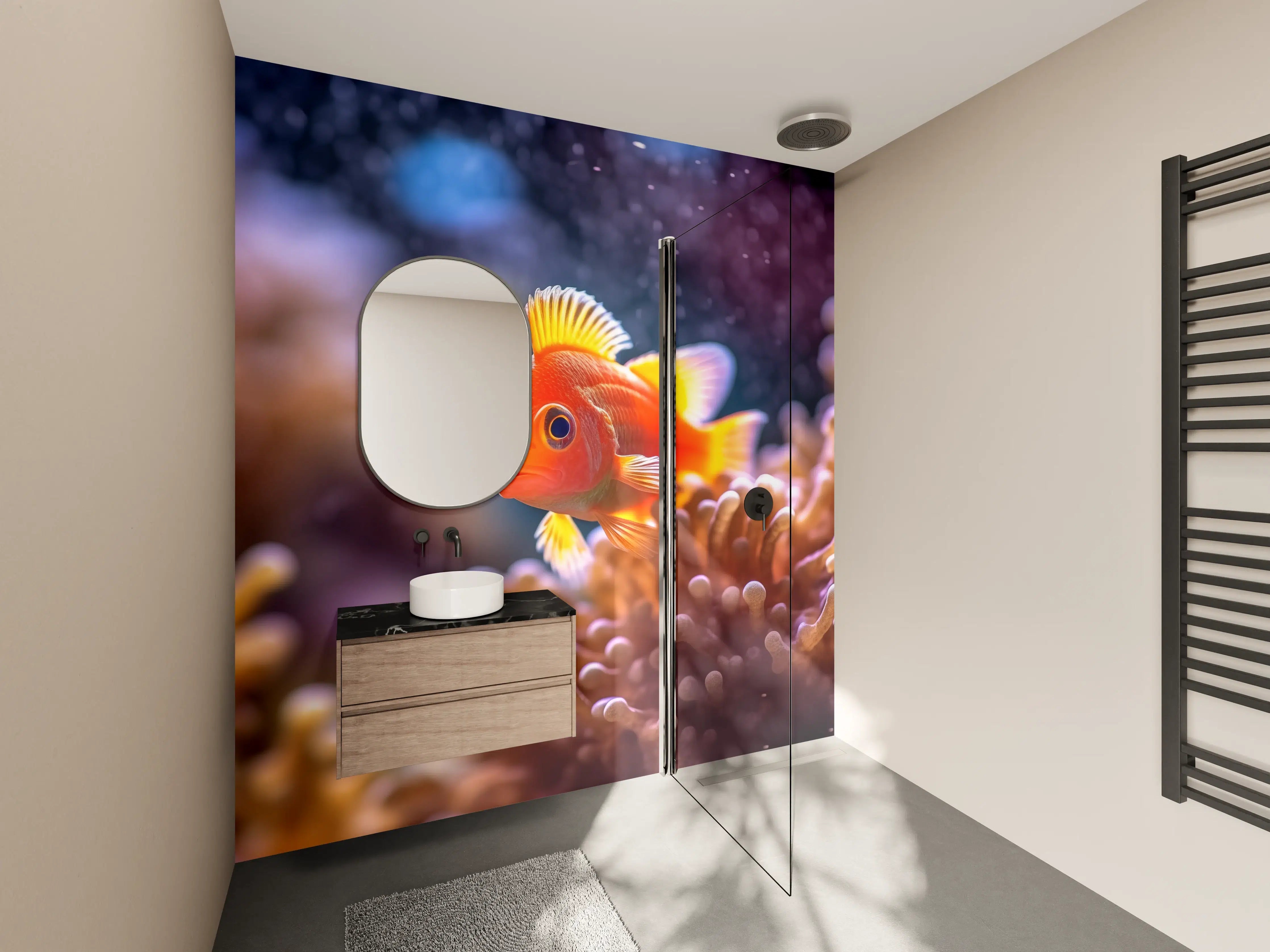 Wandverkleidung Bad - Oranger Anemonenfisch im Korallenriff