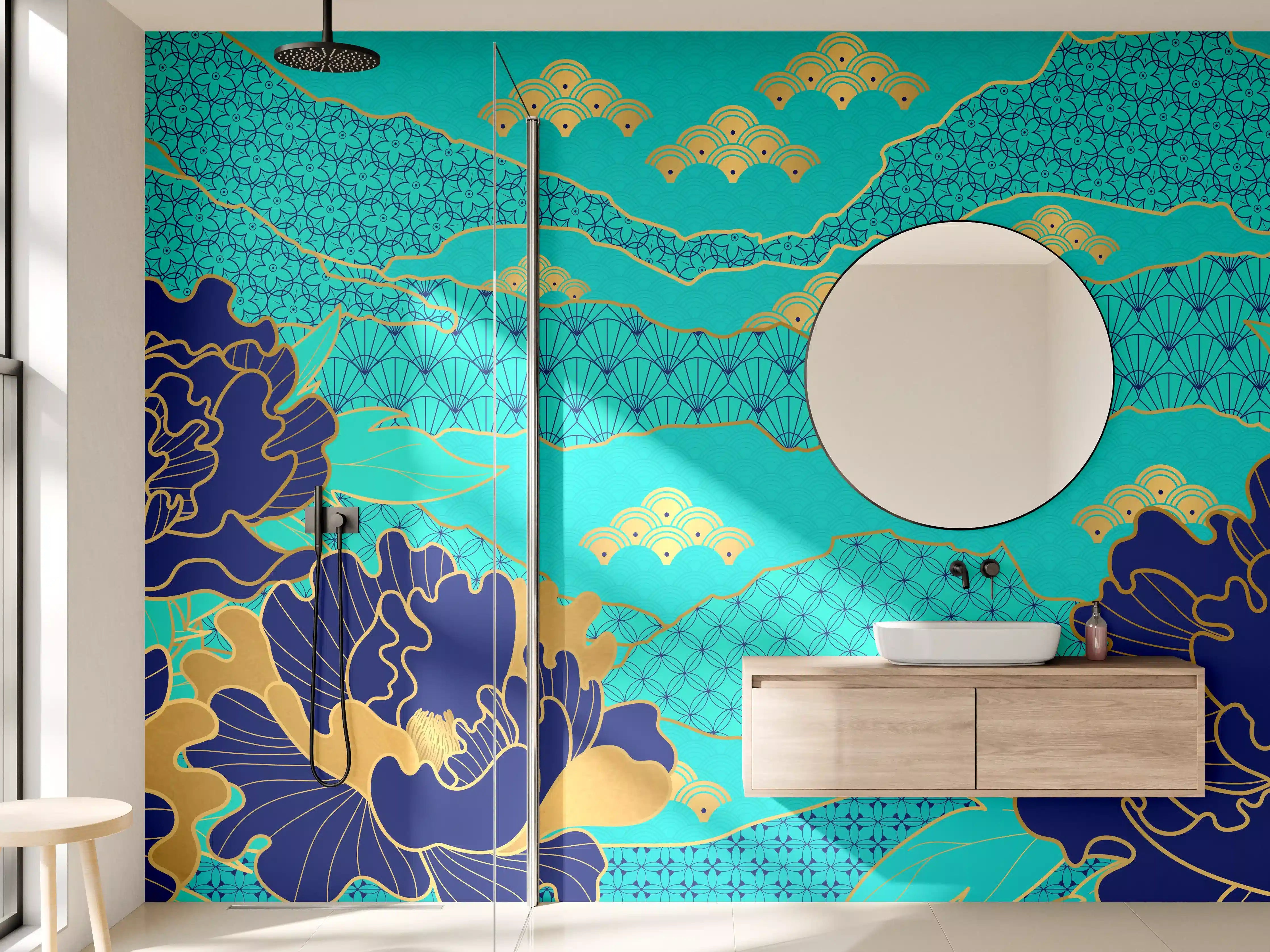 Wandverkleidung Bad - Orientalisch-Blauer Blumen-Digitaldruck