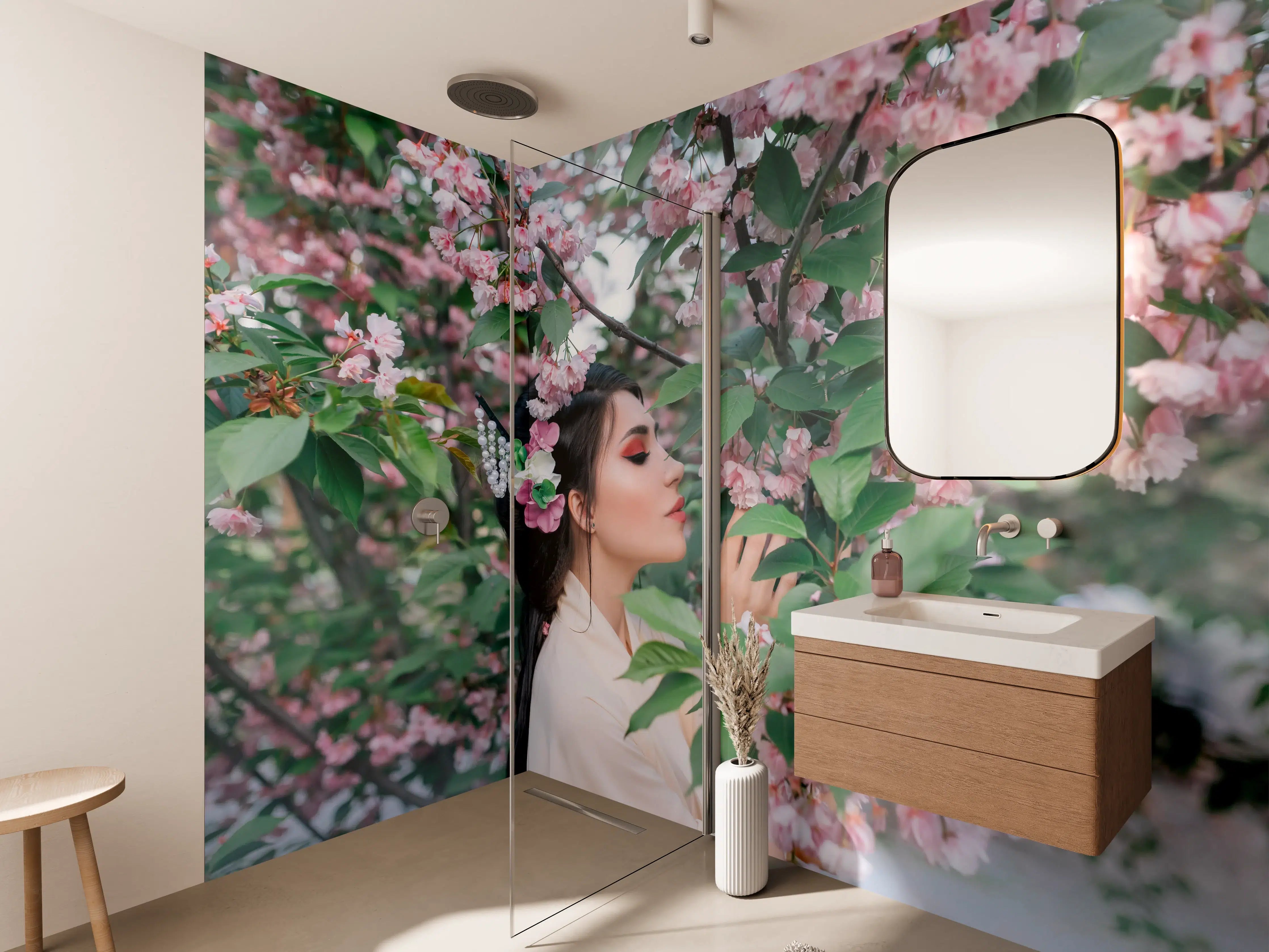 Wandverkleidung Bad - Orientalische Frau in Sakura-Blüten