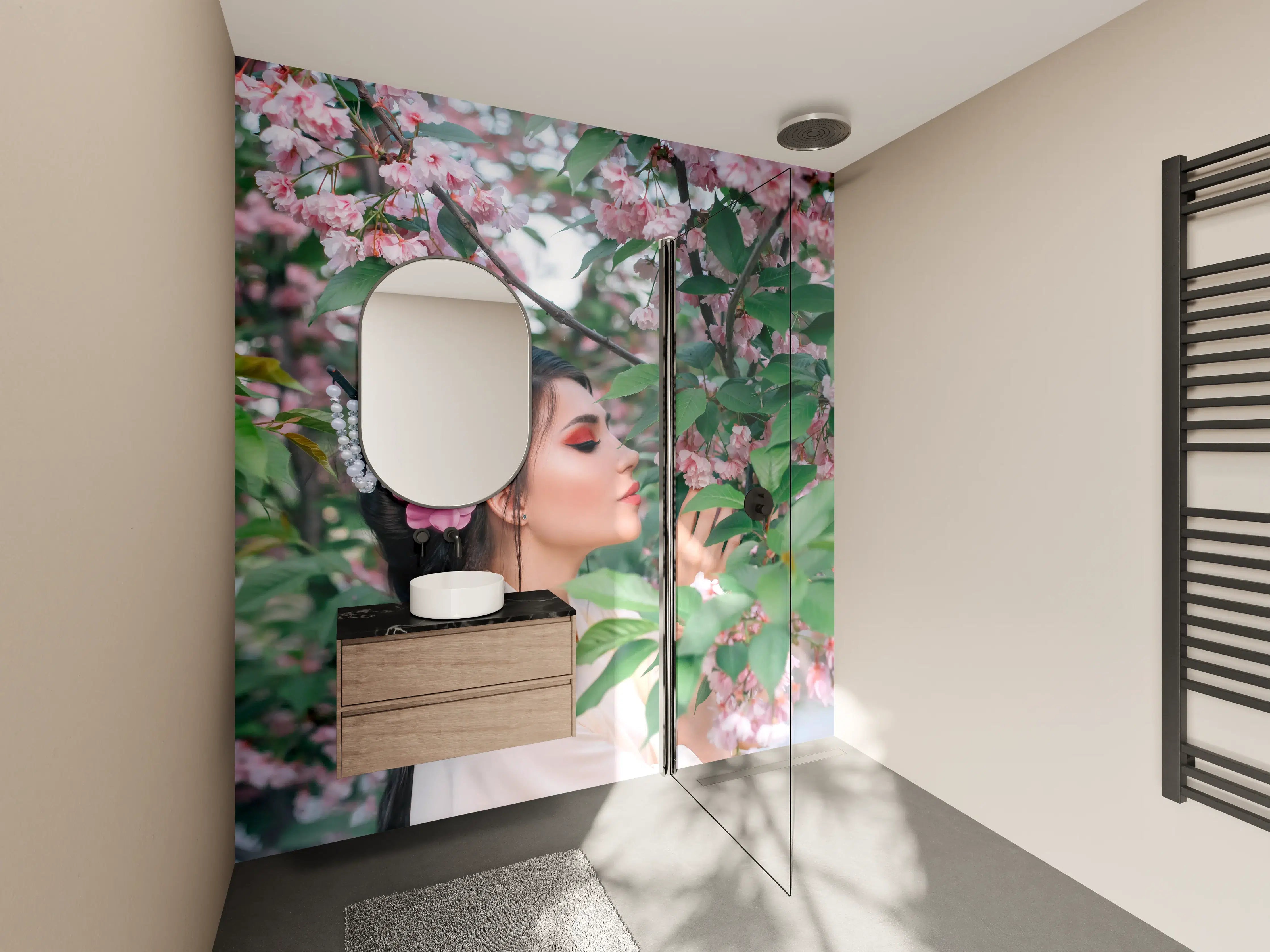Wandverkleidung Bad - Orientalische Frau in Sakura-Blüten