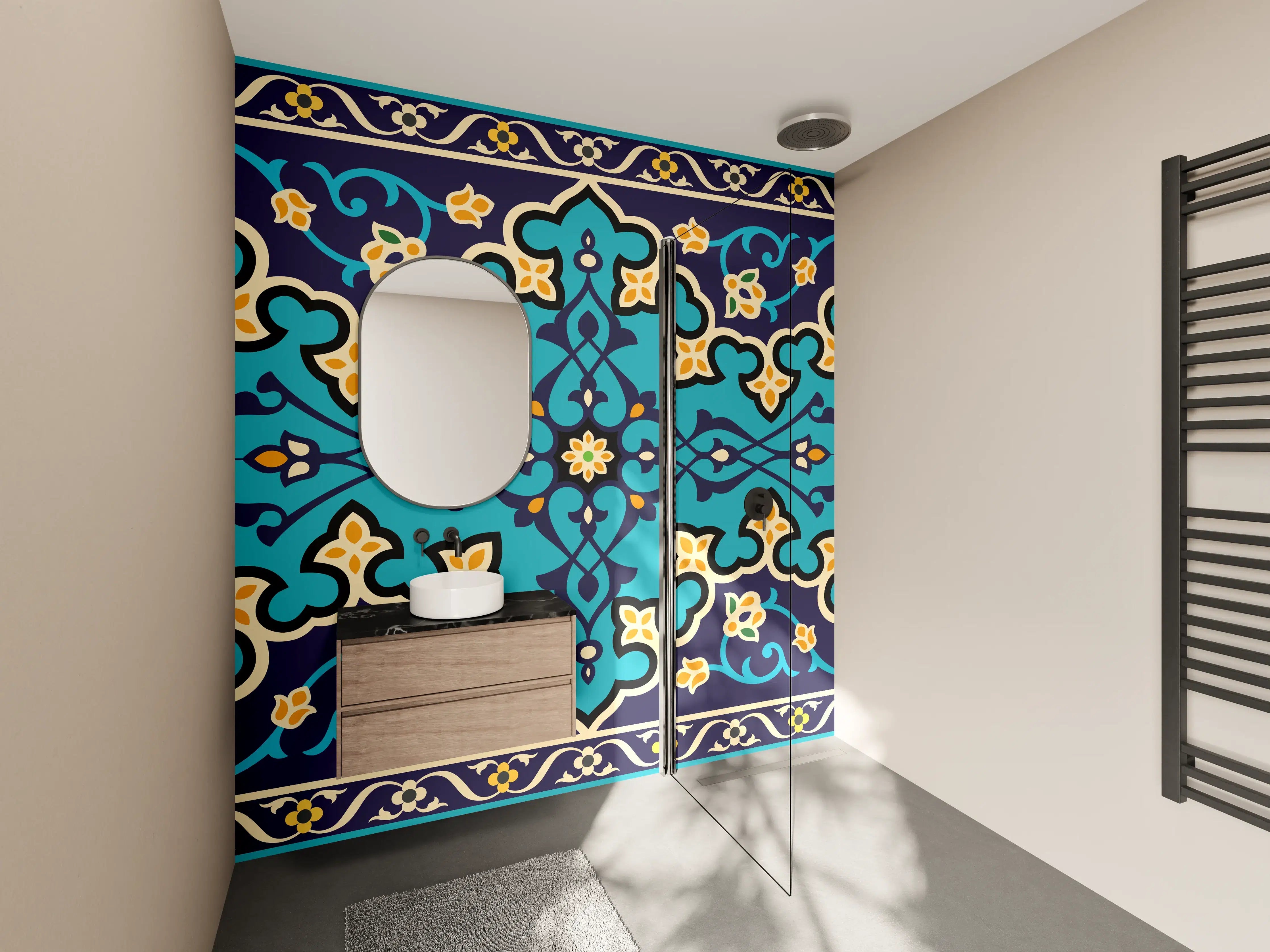 Wandverkleidung Bad - Orientalisches Blau-Gold Muster