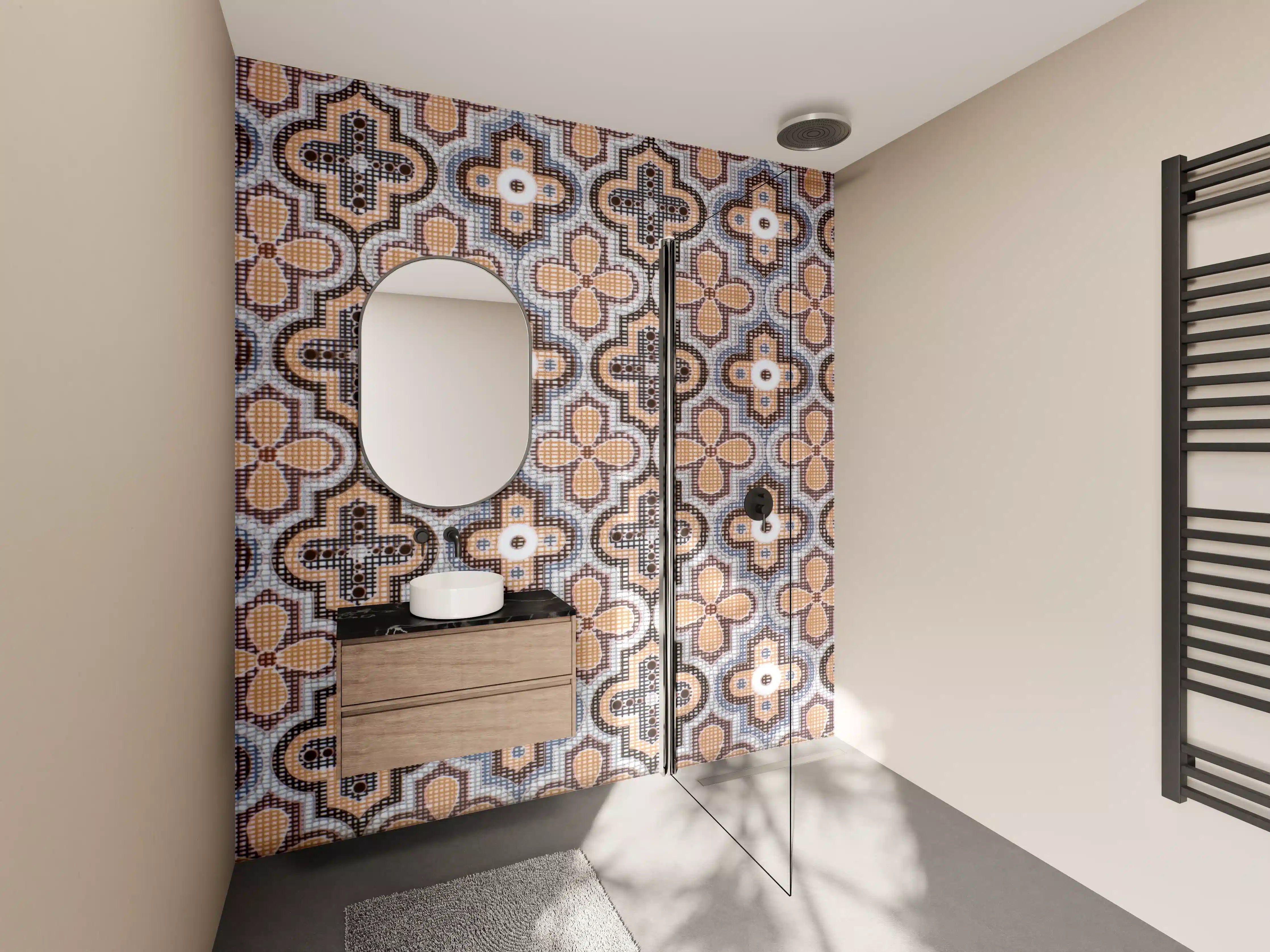 Wandverkleidung Bad - Ornamentale Beige-Muster-Fliesen