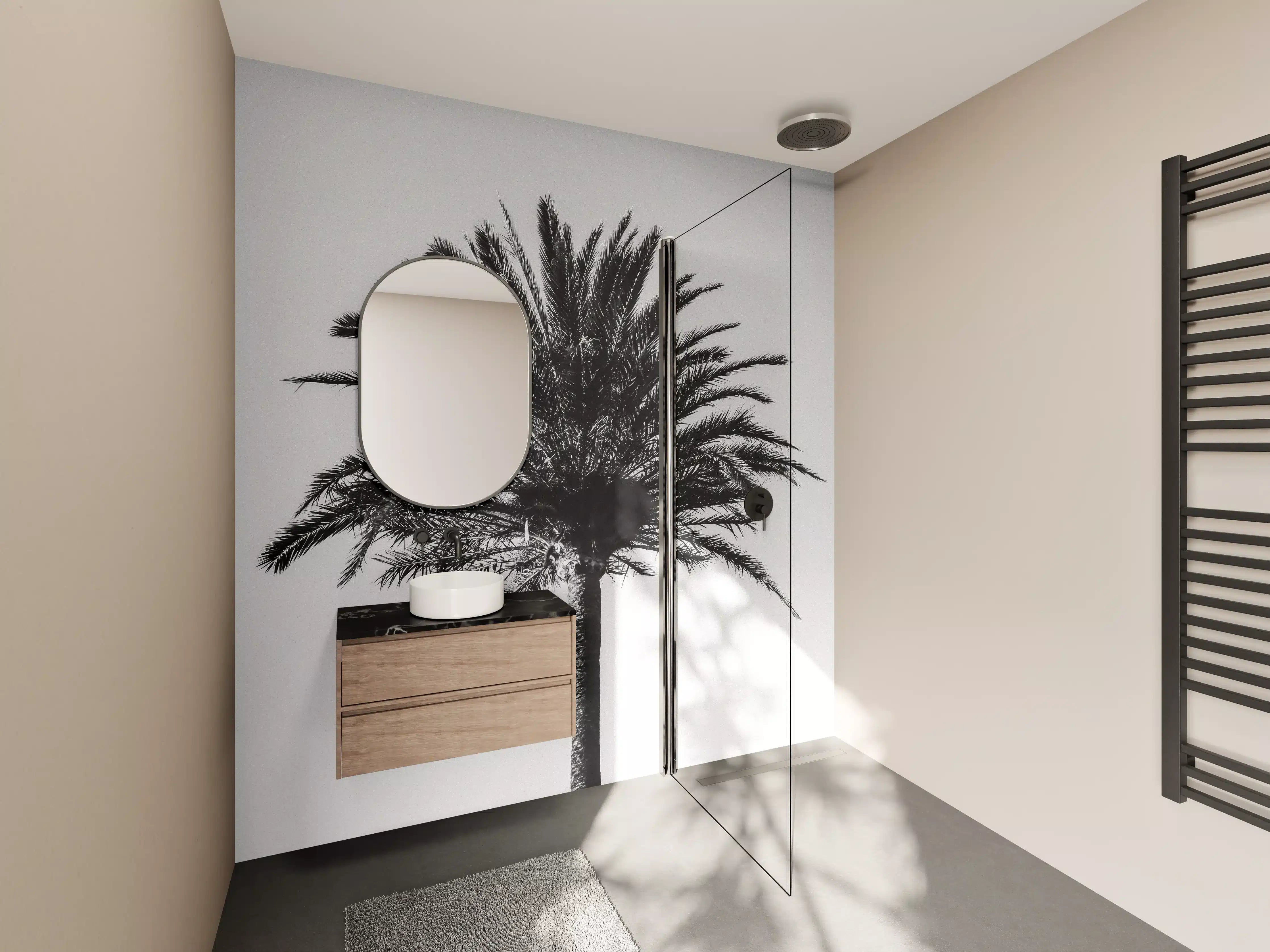 Wandverkleidung Bad - Palme - Schwarz-weiß