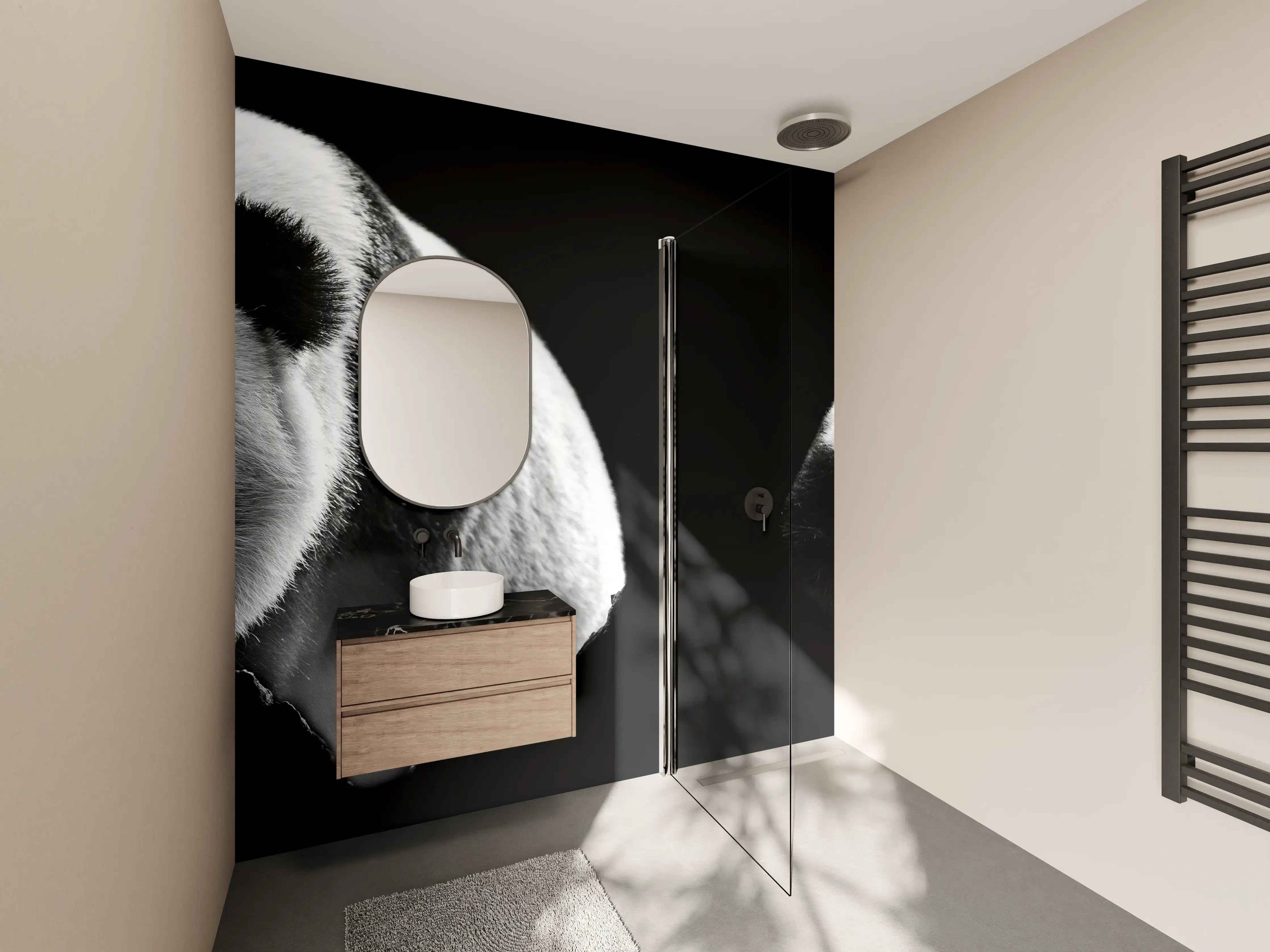 Wandverkleidung Bad - Panda mit schwarzem Hintergrund