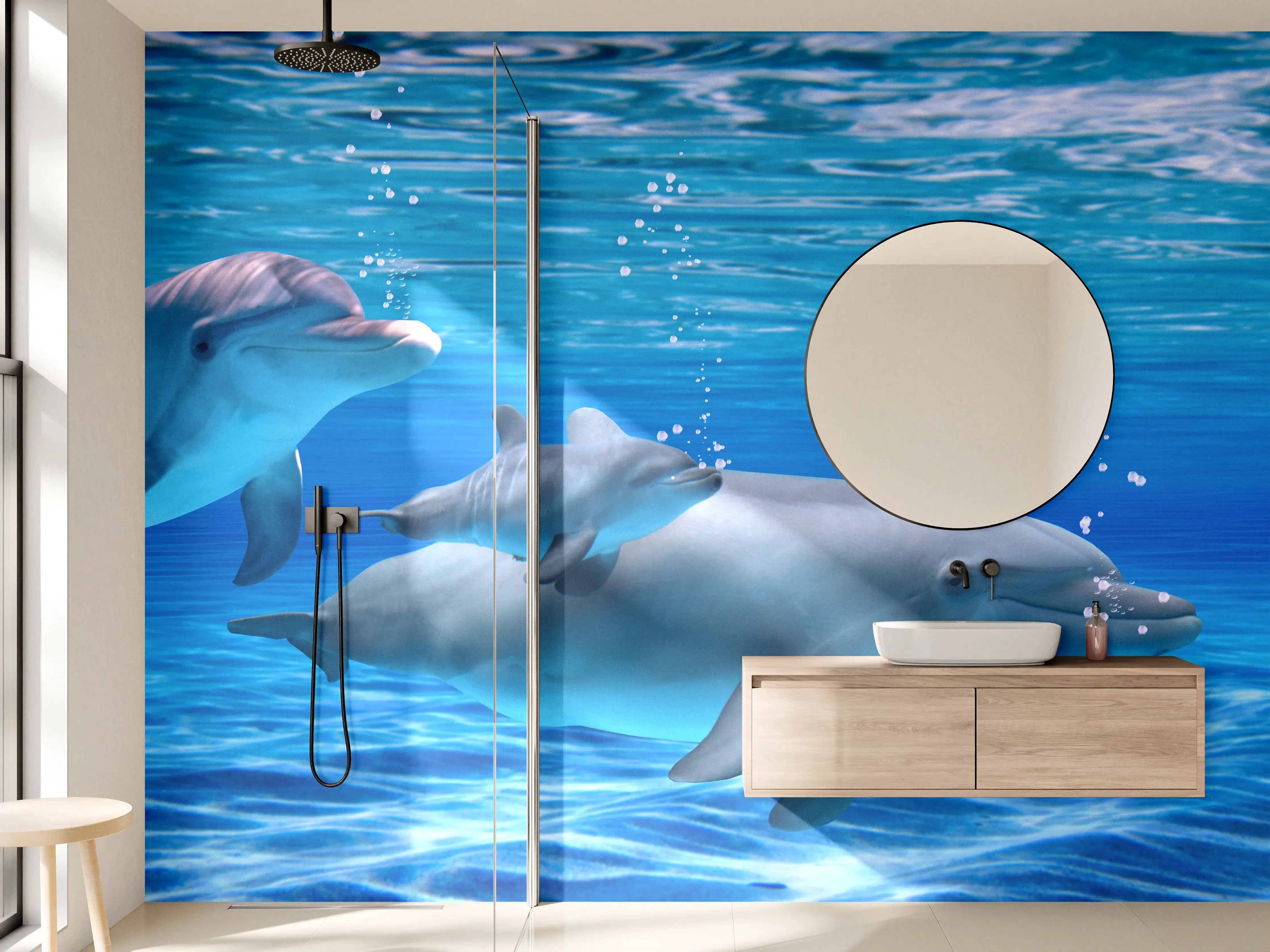 Wandverkleidung Bad - Panorama der schwimmenden Delphine