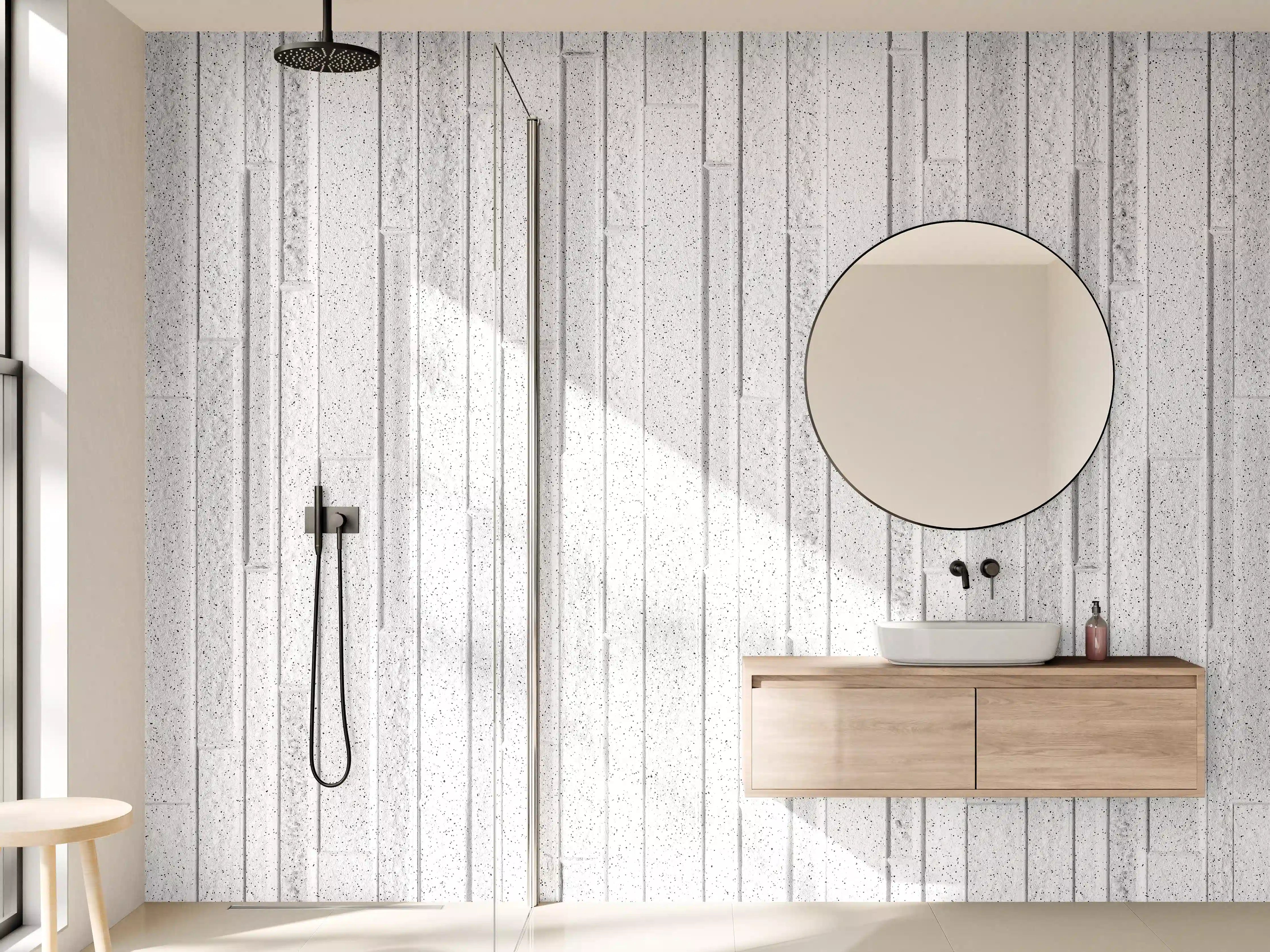 Wandverkleidung Bad - Panorama der weißen Granitblockwand