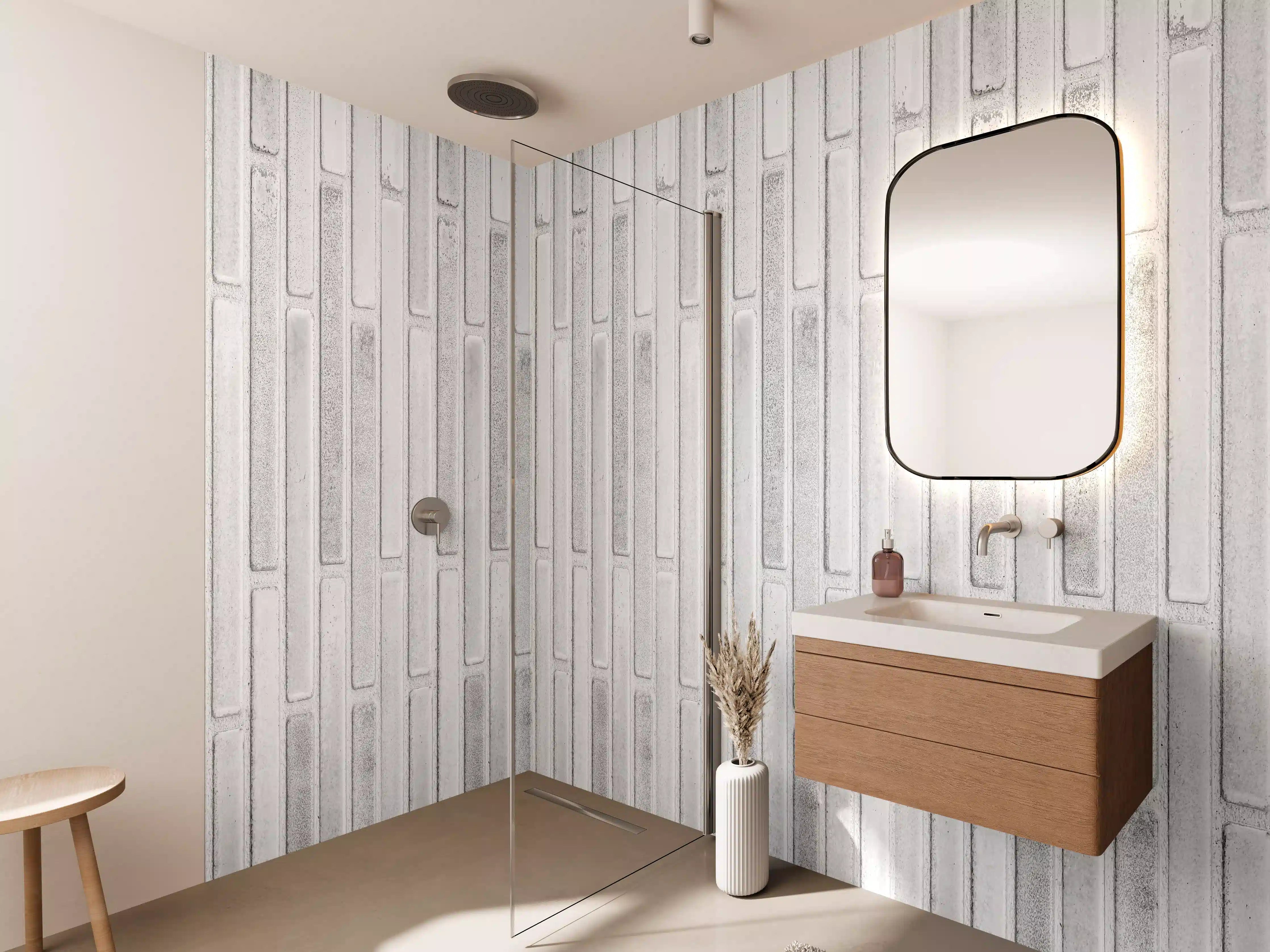 Wandverkleidung Bad - Panorama der weißen Steinwand mit Streifen Textur