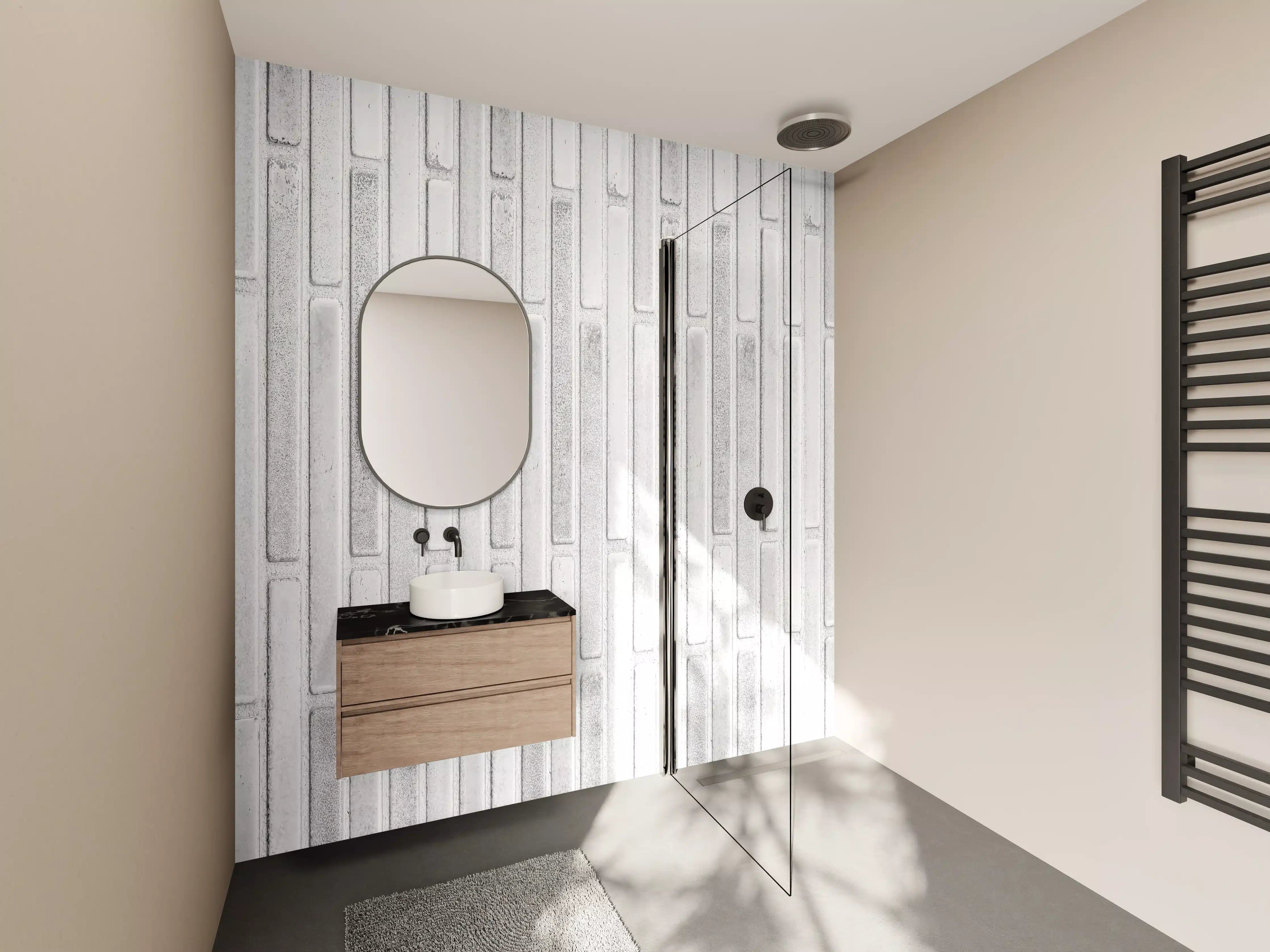 Wandverkleidung Bad - Panorama der weißen Steinwand mit Streifen Textur