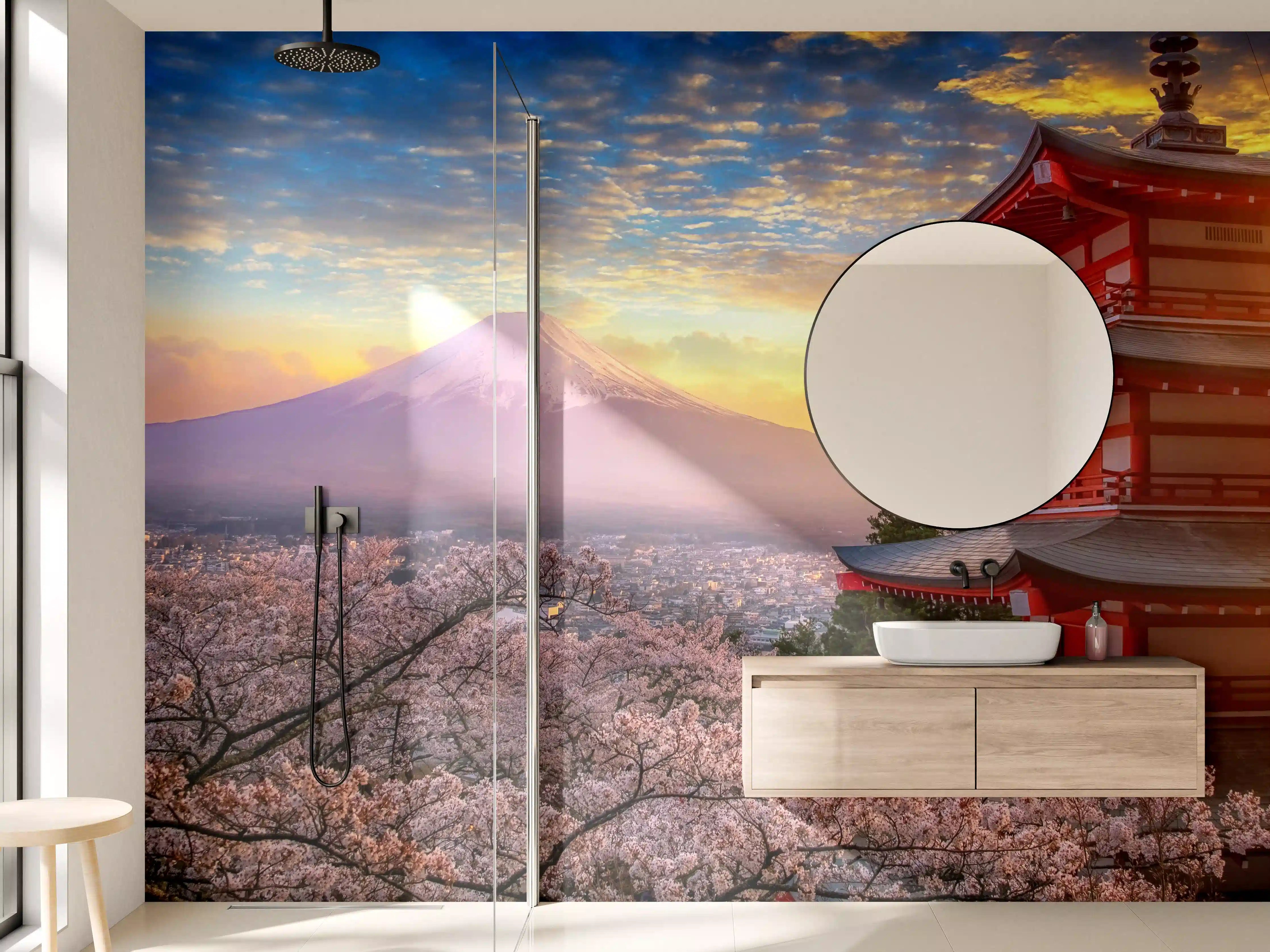 Wandverkleidung Bad - Panoramablick auf Fujiyoshida Sonnenuntergang