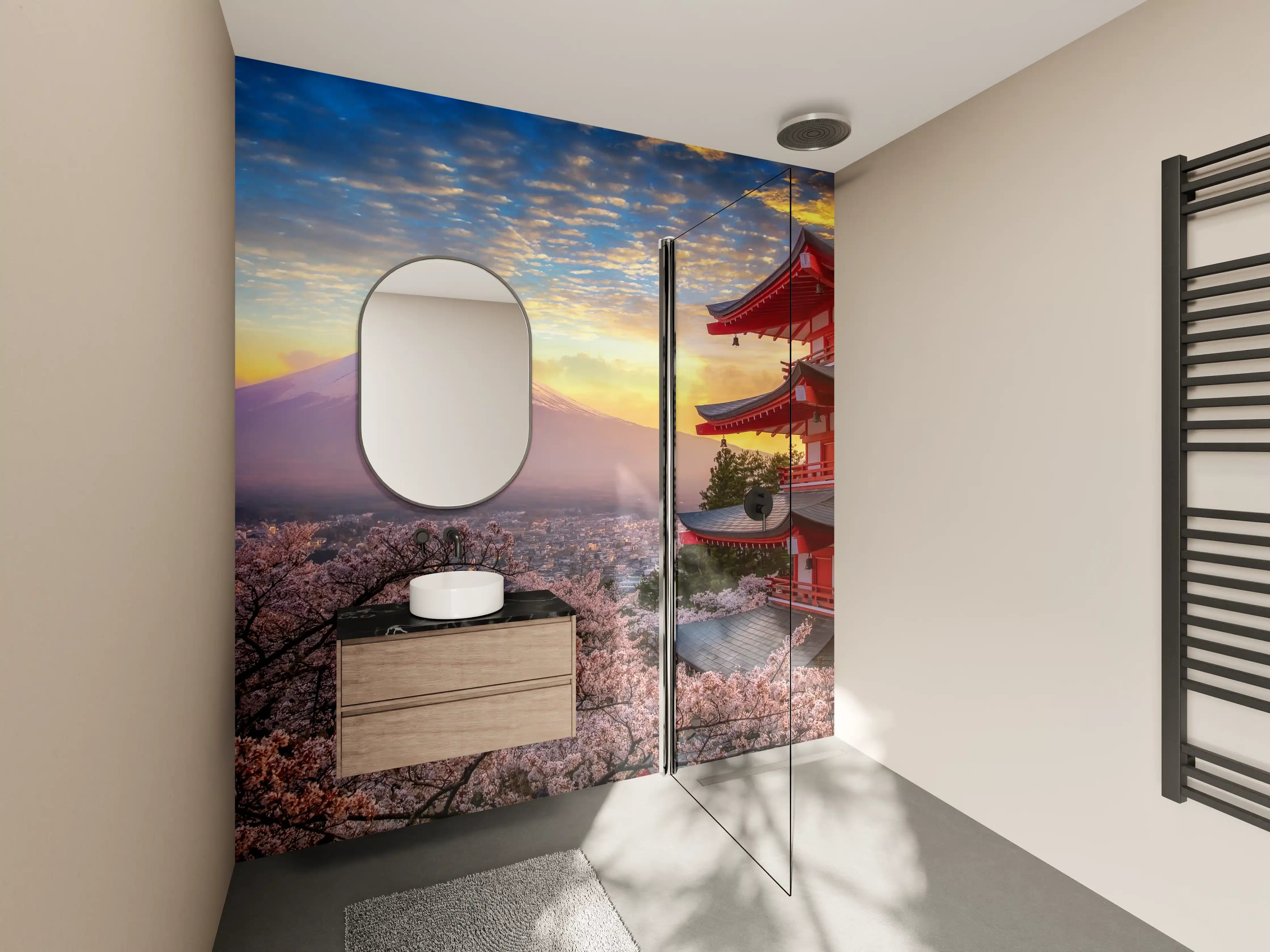 Wandverkleidung Bad - Panoramablick auf Fujiyoshida Sonnenuntergang