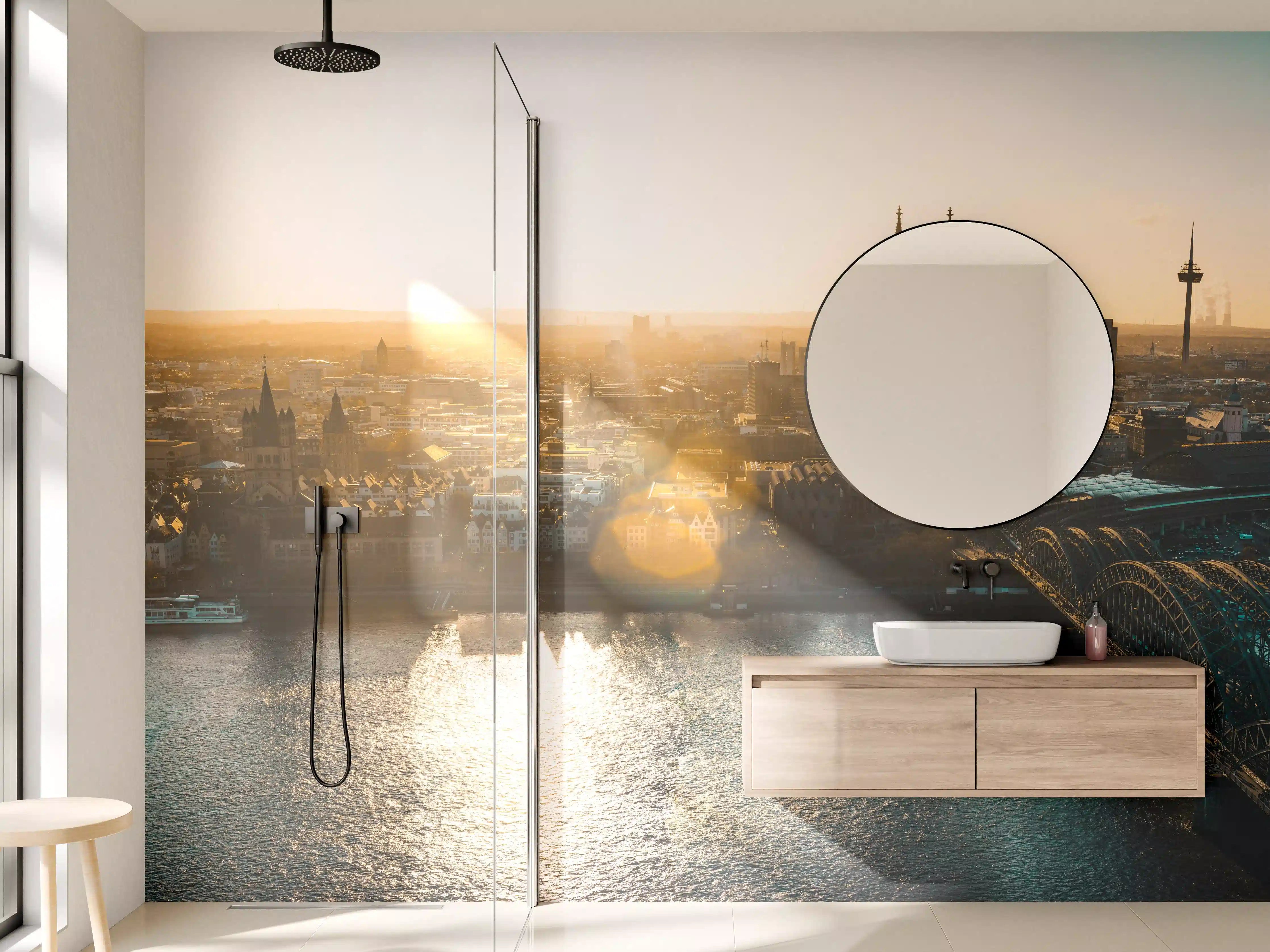Wandverkleidung Bad - Panoramablick auf Köln bei Sonnenaufgang
