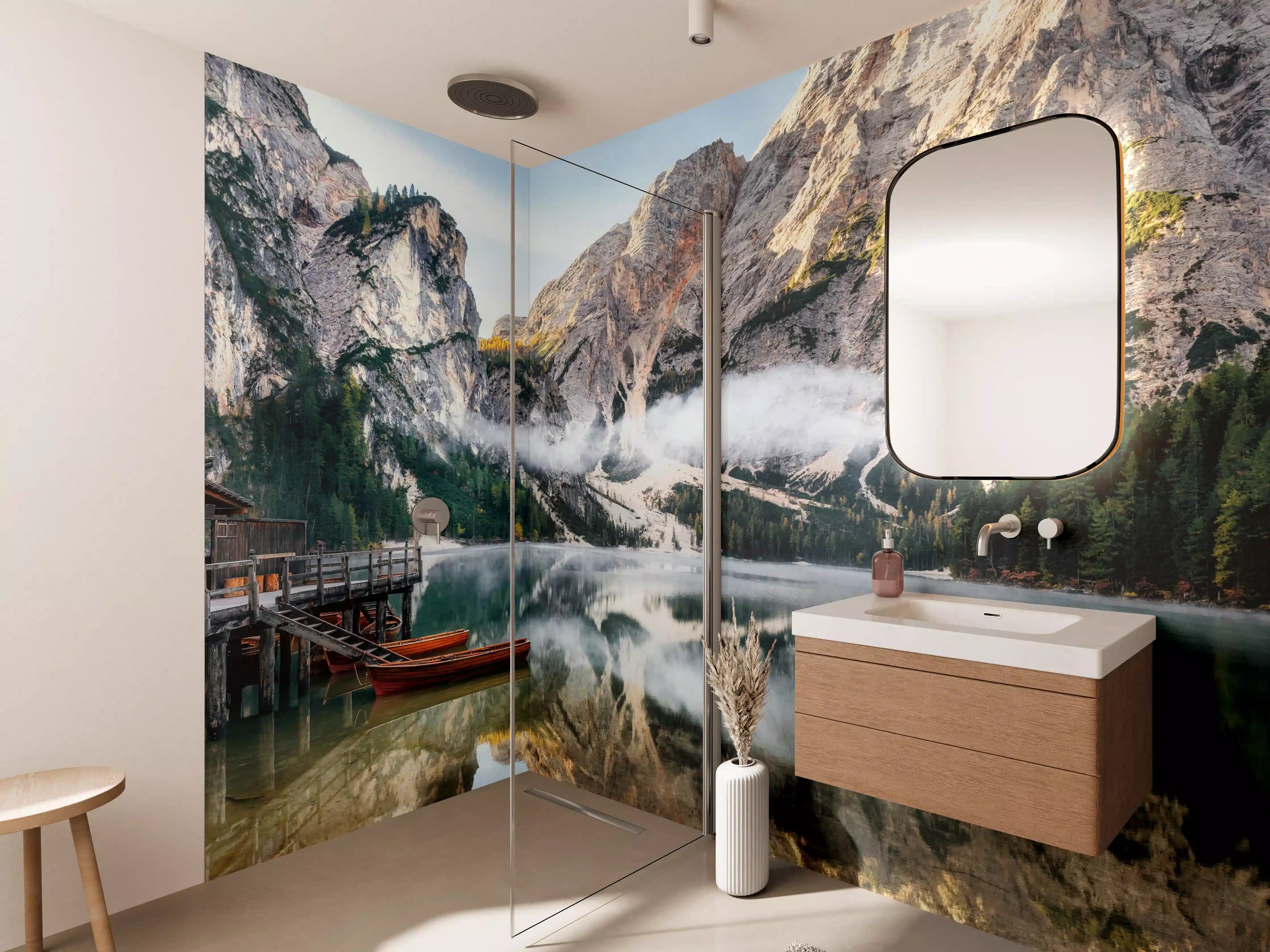 Wandverkleidung Bad - Panoramablick auf Pragser Wildsee
