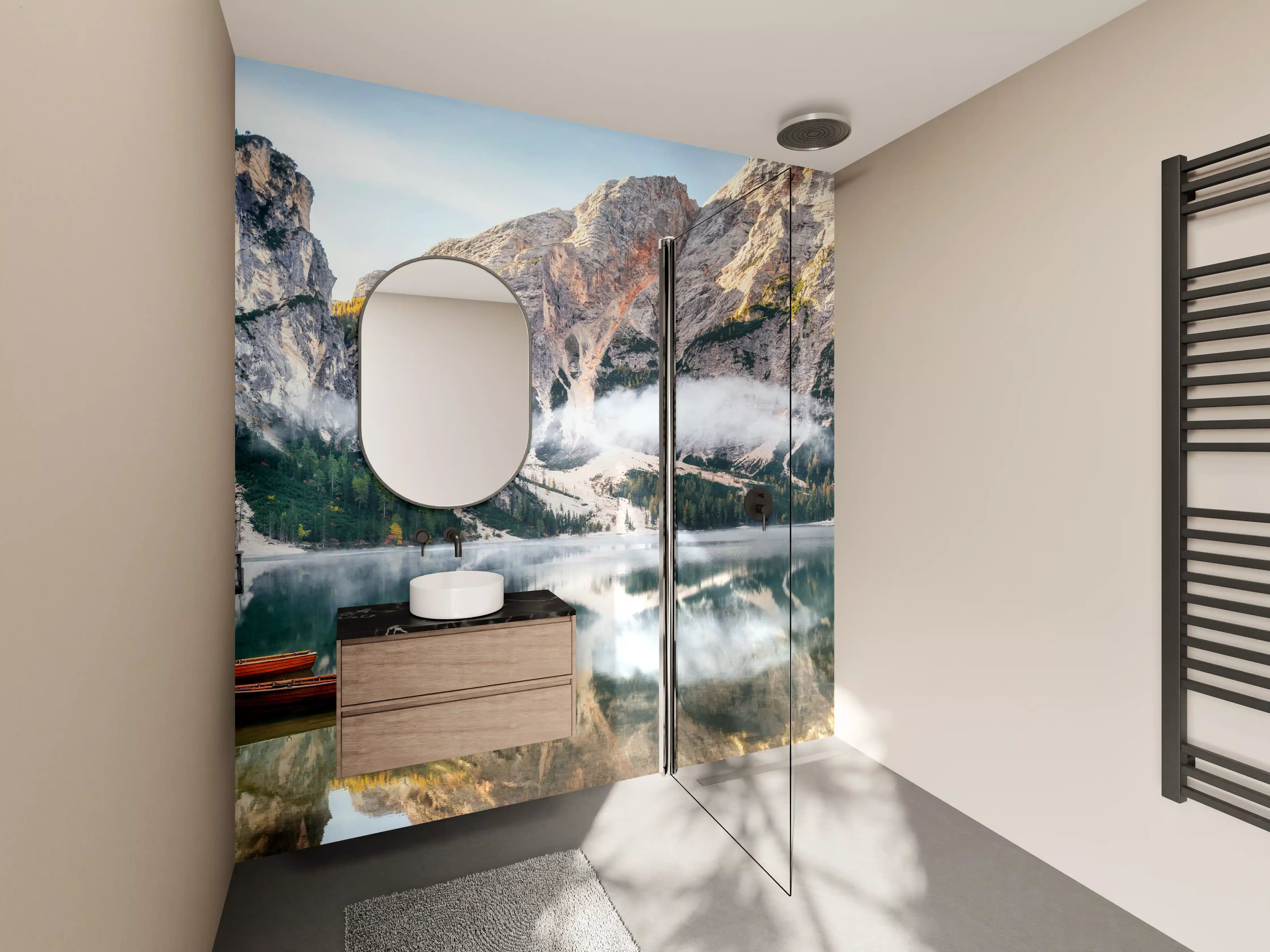 Wandverkleidung Bad - Panoramablick auf Pragser Wildsee