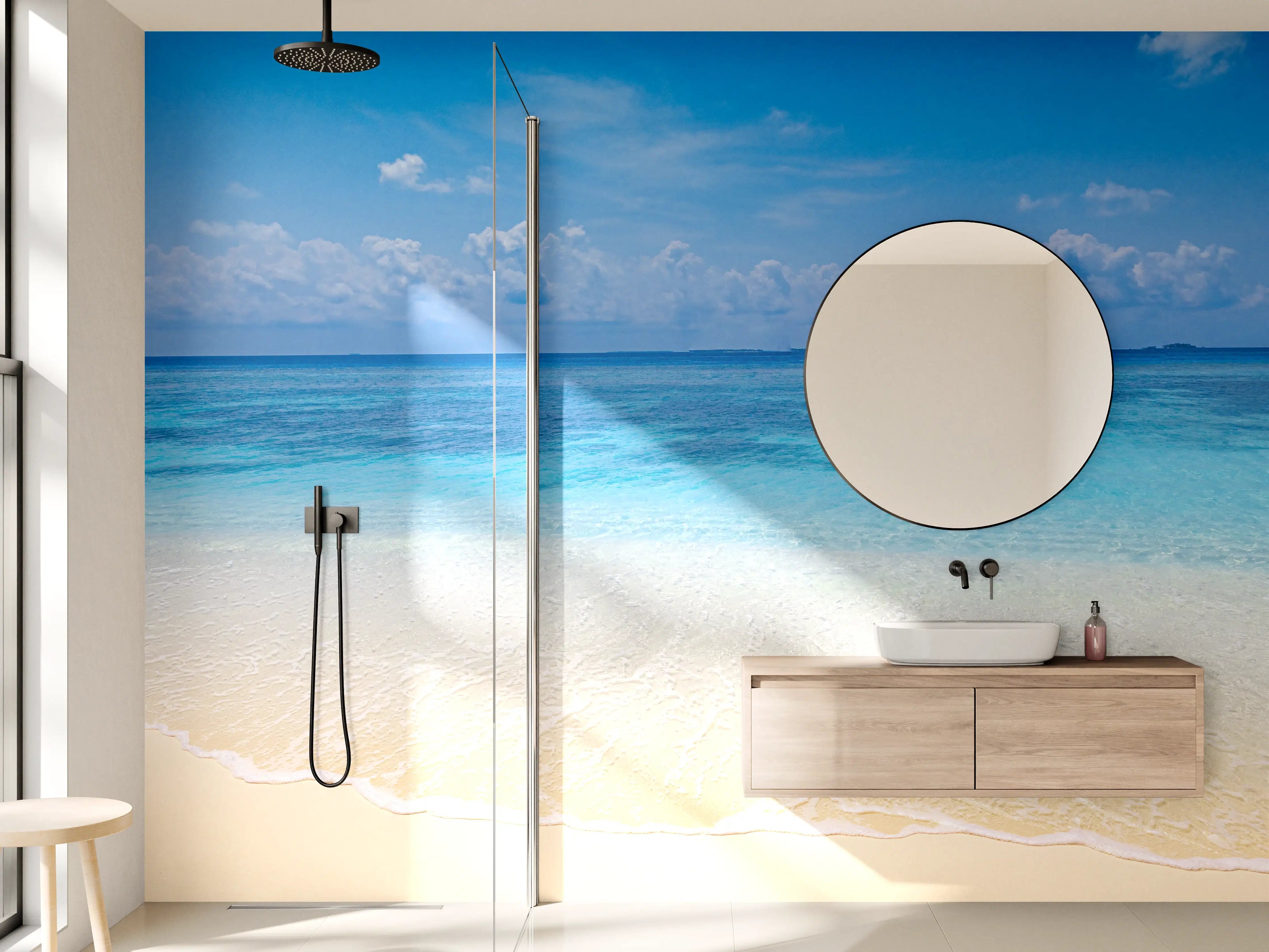 Wandverkleidung Bad - Paradiesische Strandkulisse in Blau und Weiß