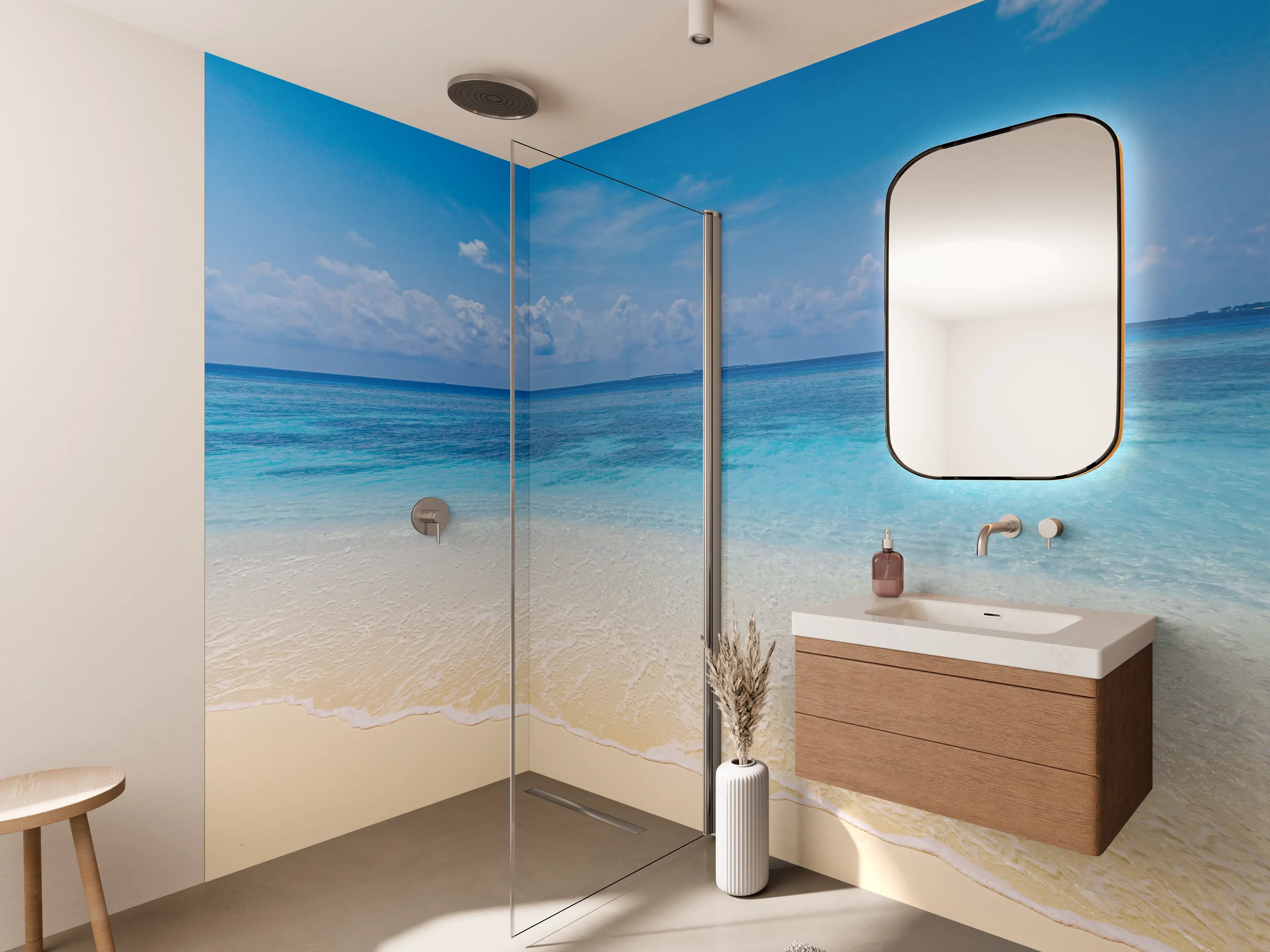 Wandverkleidung Bad - Paradiesische Strandkulisse in Blau und Weiß