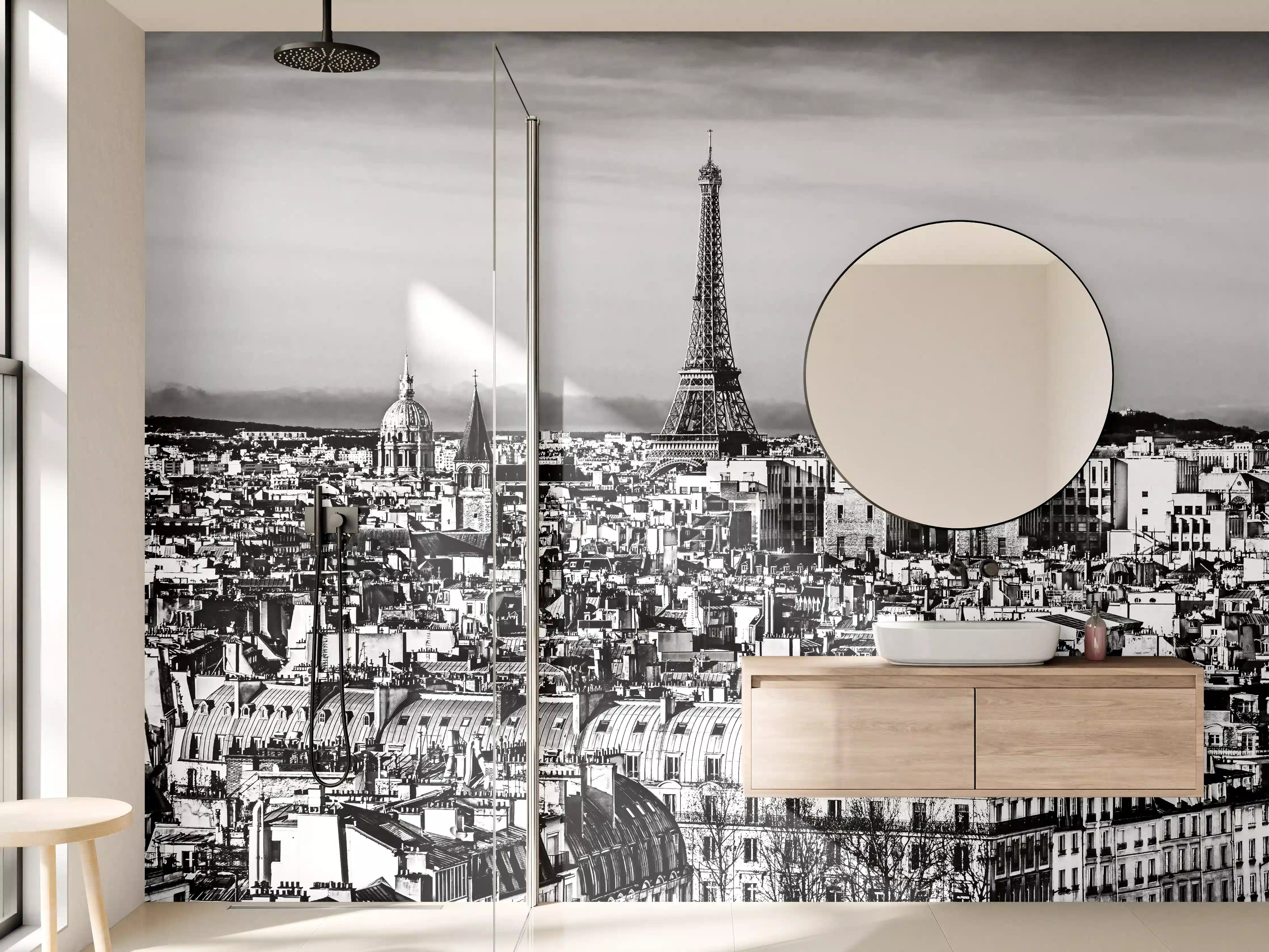 Wandverkleidung Bad - Paris bei Sonnenuntergang in Schwarz-Weiß