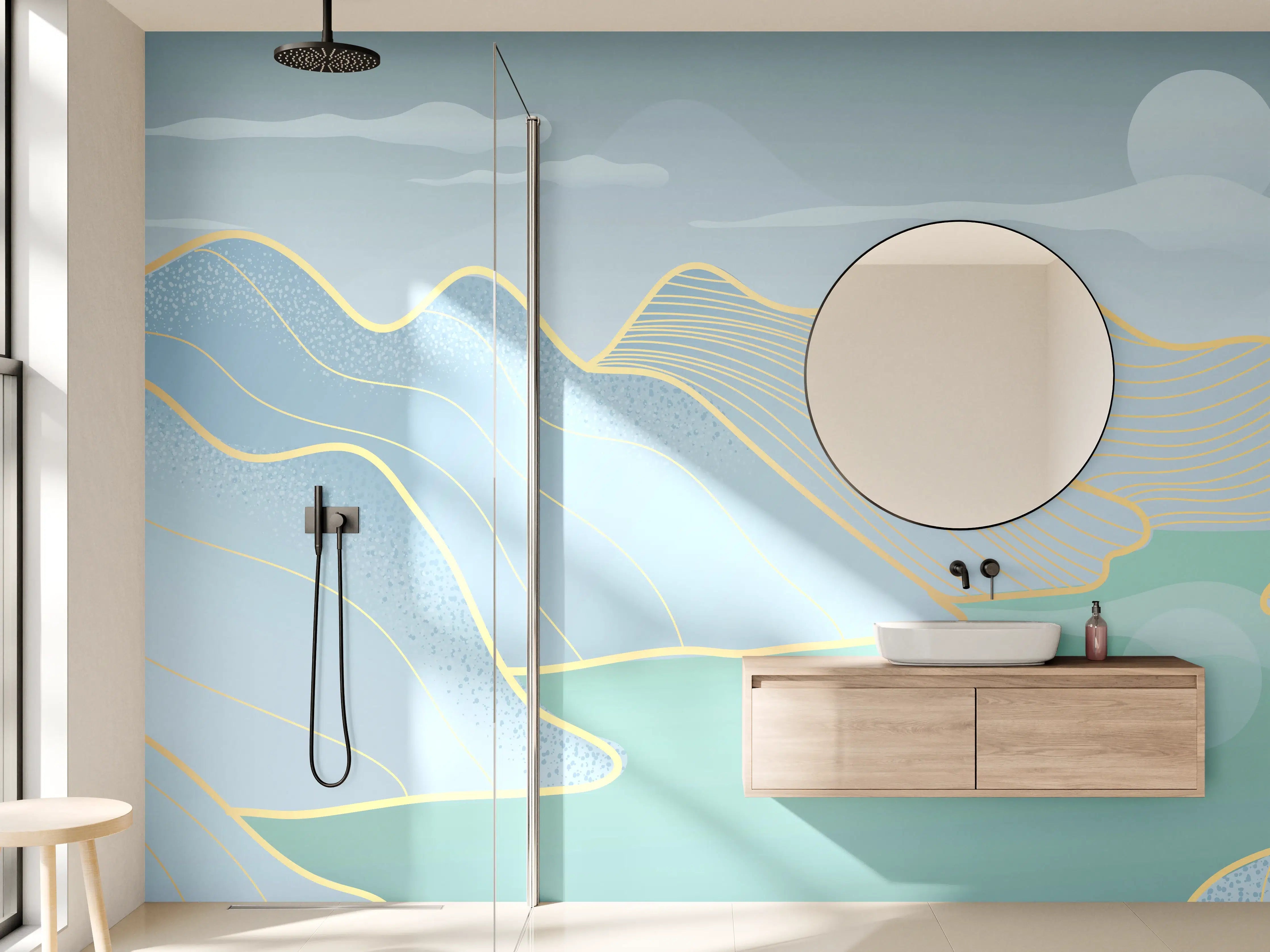 Wandverkleidung Bad - Pastell Berge und See Panorama