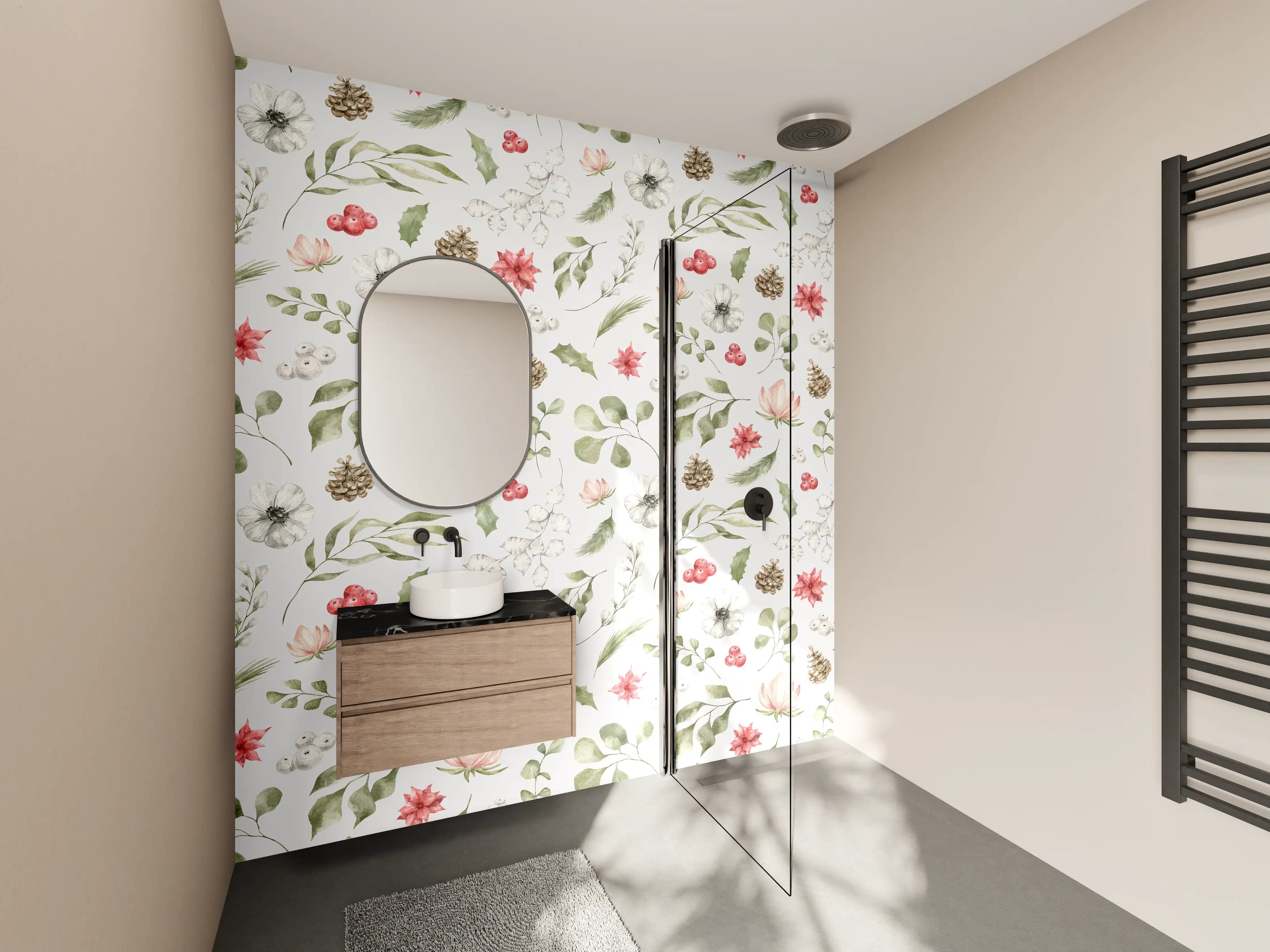 Wandverkleidung Bad - Pastell Blumenmuster Weiß-Grün-Rosa