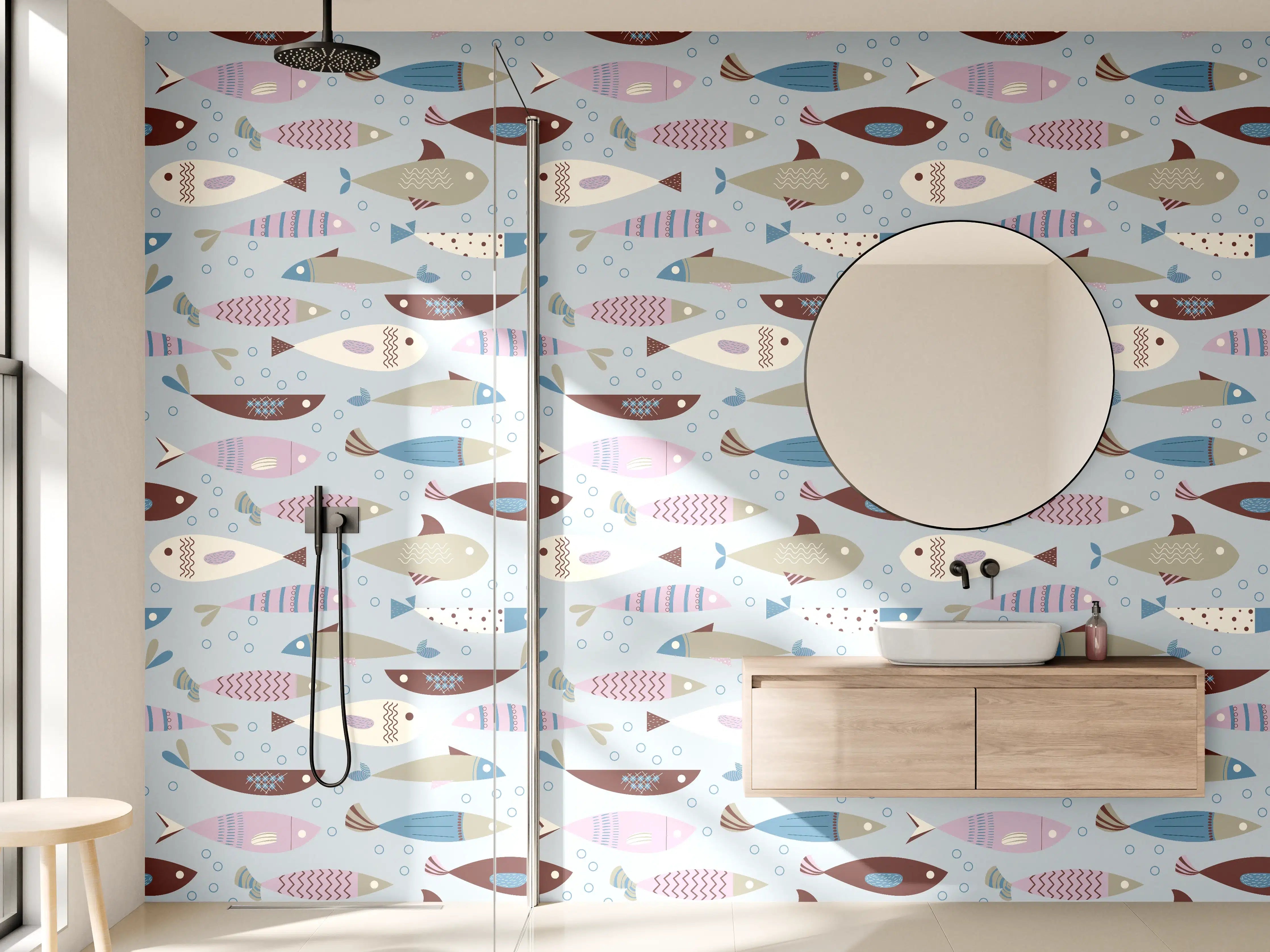 Wandverkleidung Bad - Pastell-Fischmuster Blau Beige