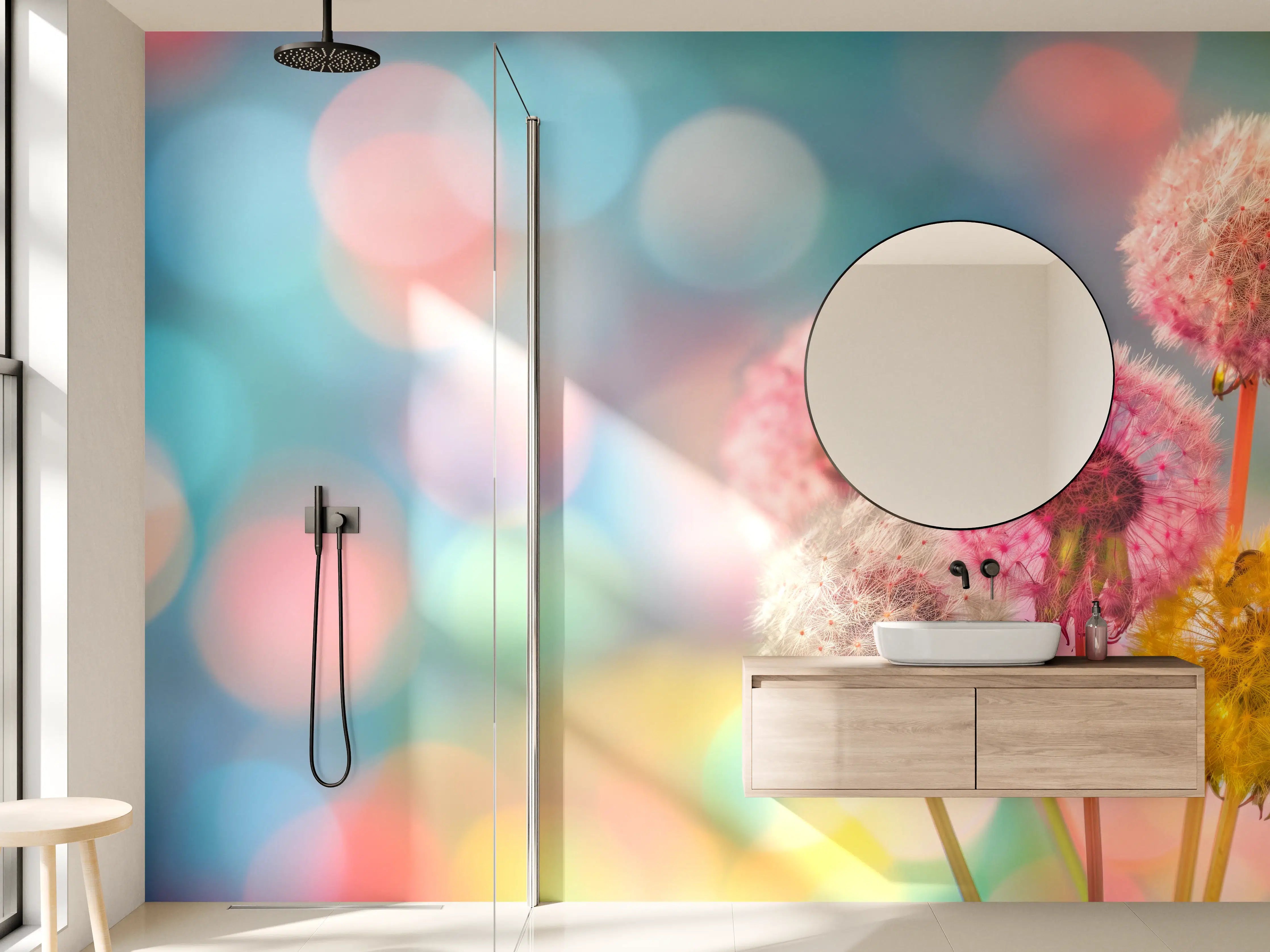 Wandverkleidung Bad - Pastell-Pusteblumen im Bokeh