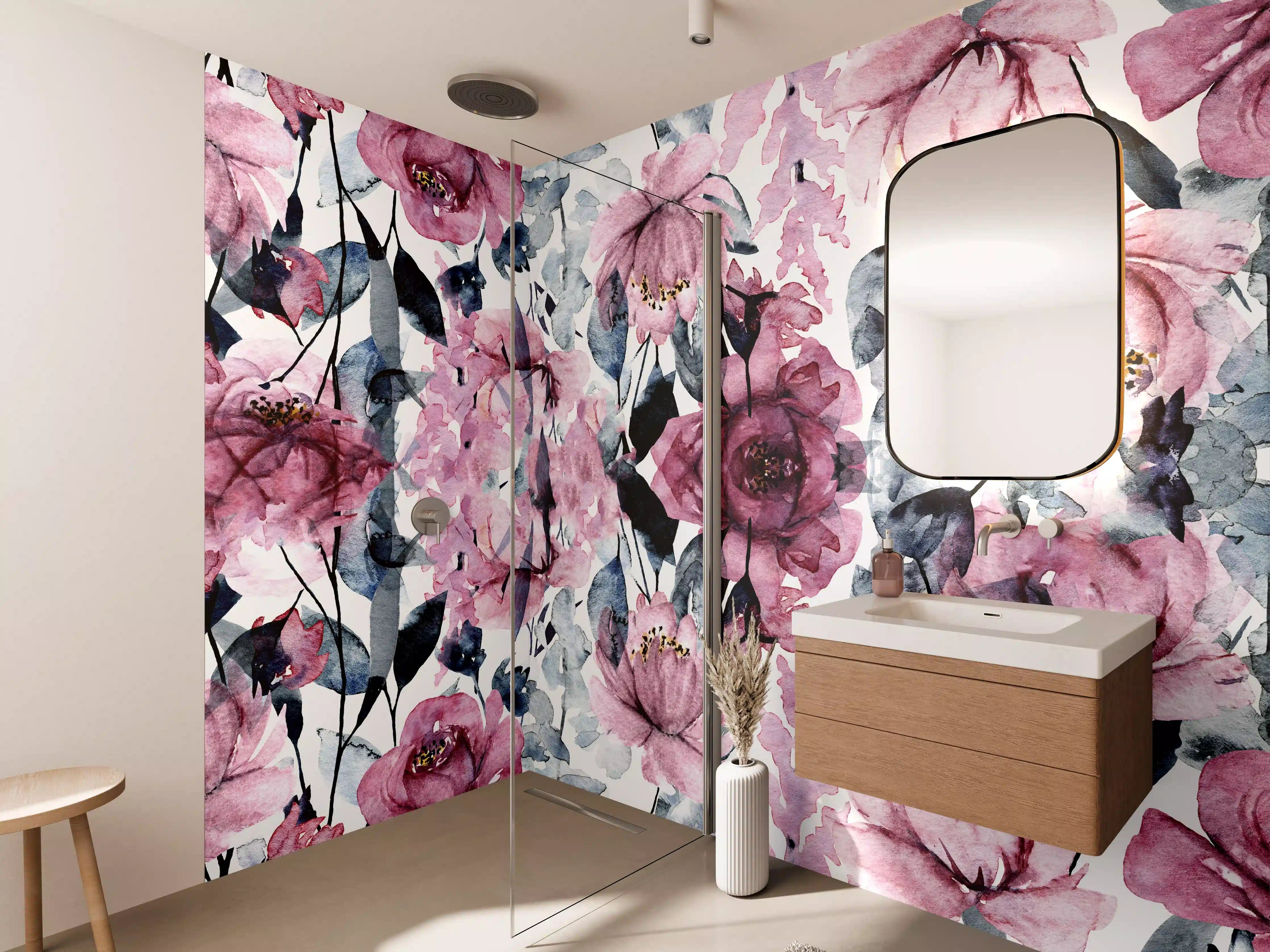 Wandverkleidung Bad - Pastellblumen in Grau und Rosa