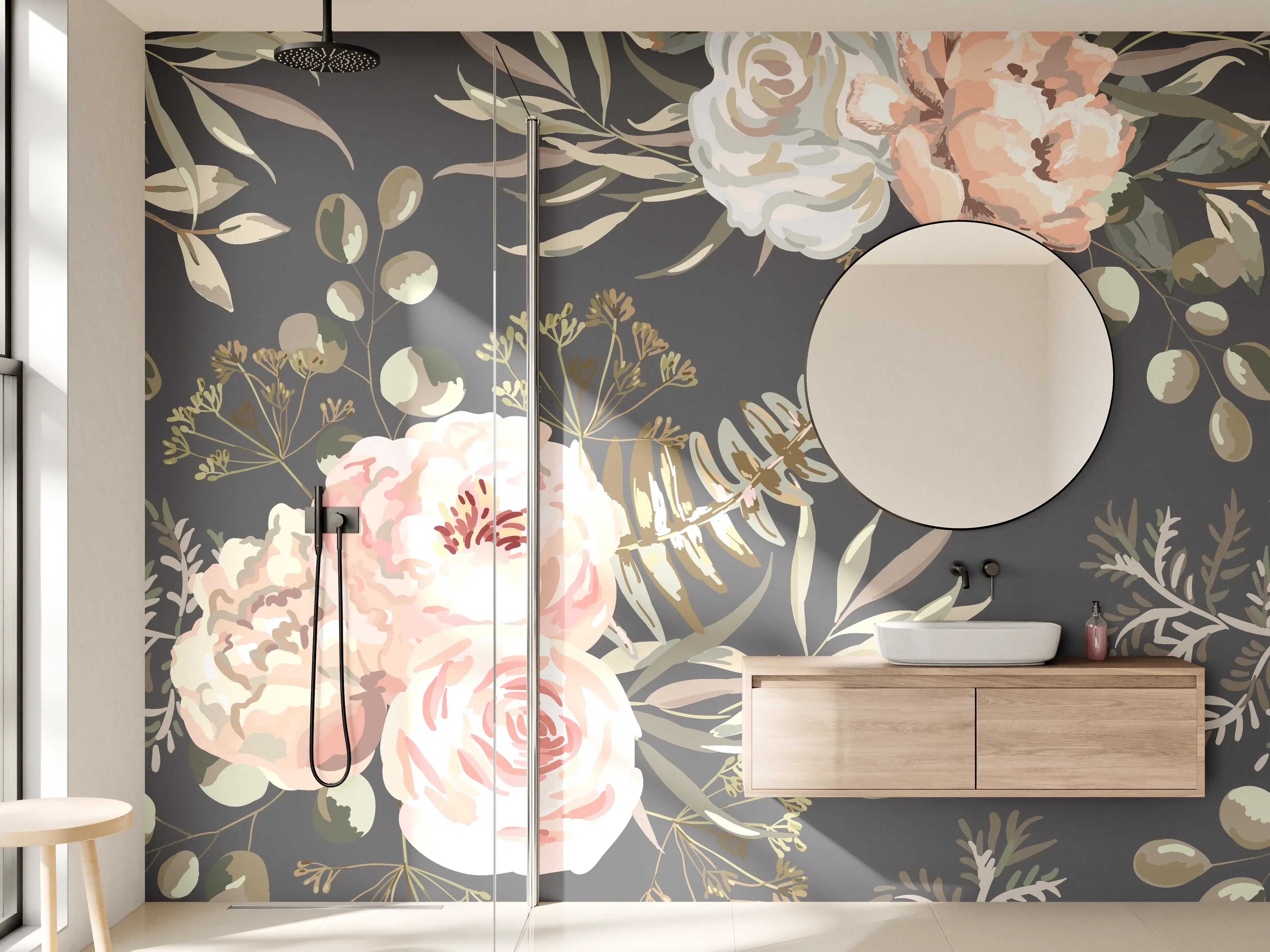 Wandverkleidung Bad - Pastellfarbene Blumenillustration mit zarten Grautönen