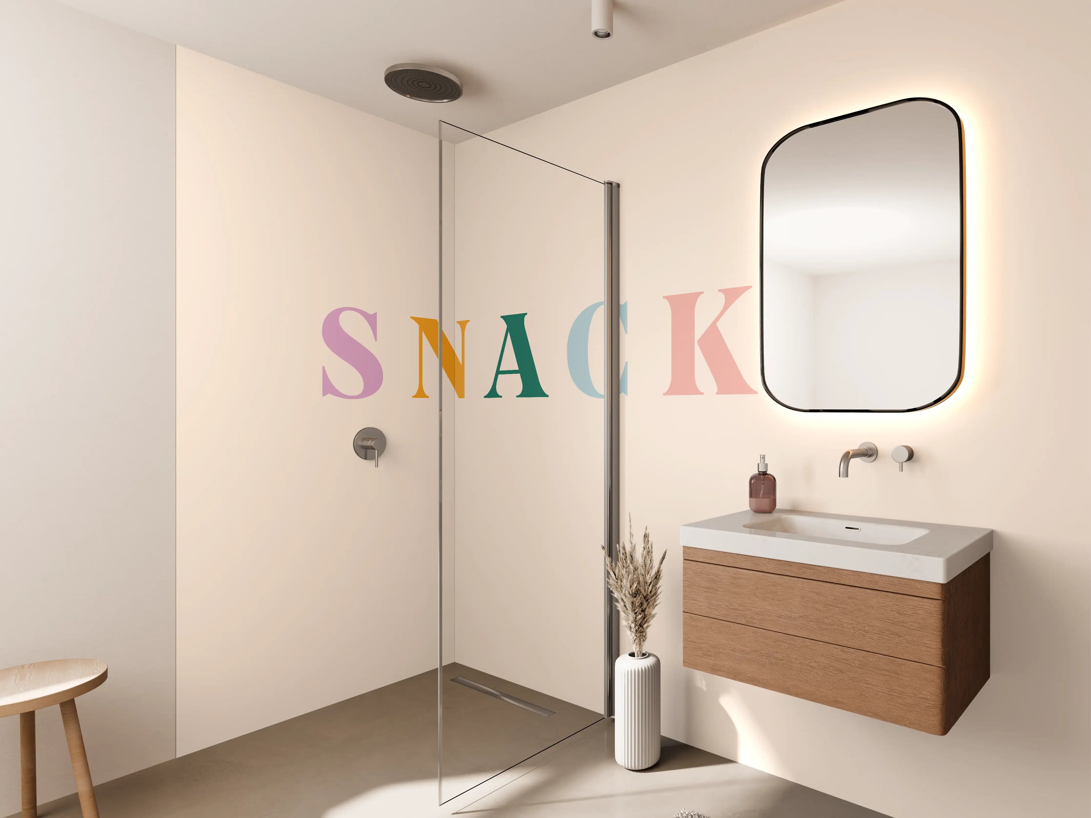 Wandverkleidung Bad - Pastellfarbene 'SNACKS' Schrift