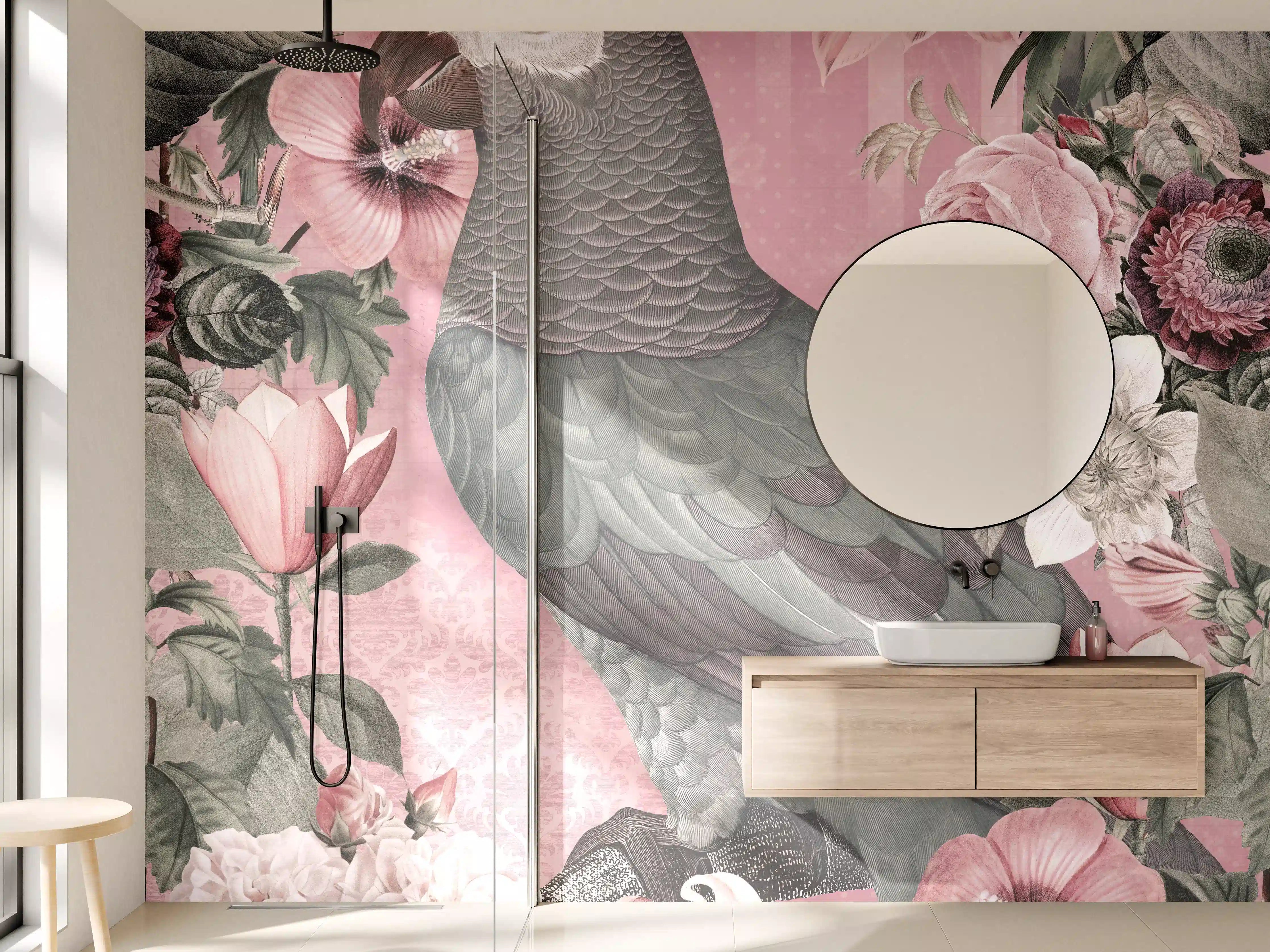 Wandverkleidung Bad - Pastellrosa Papagei Flora