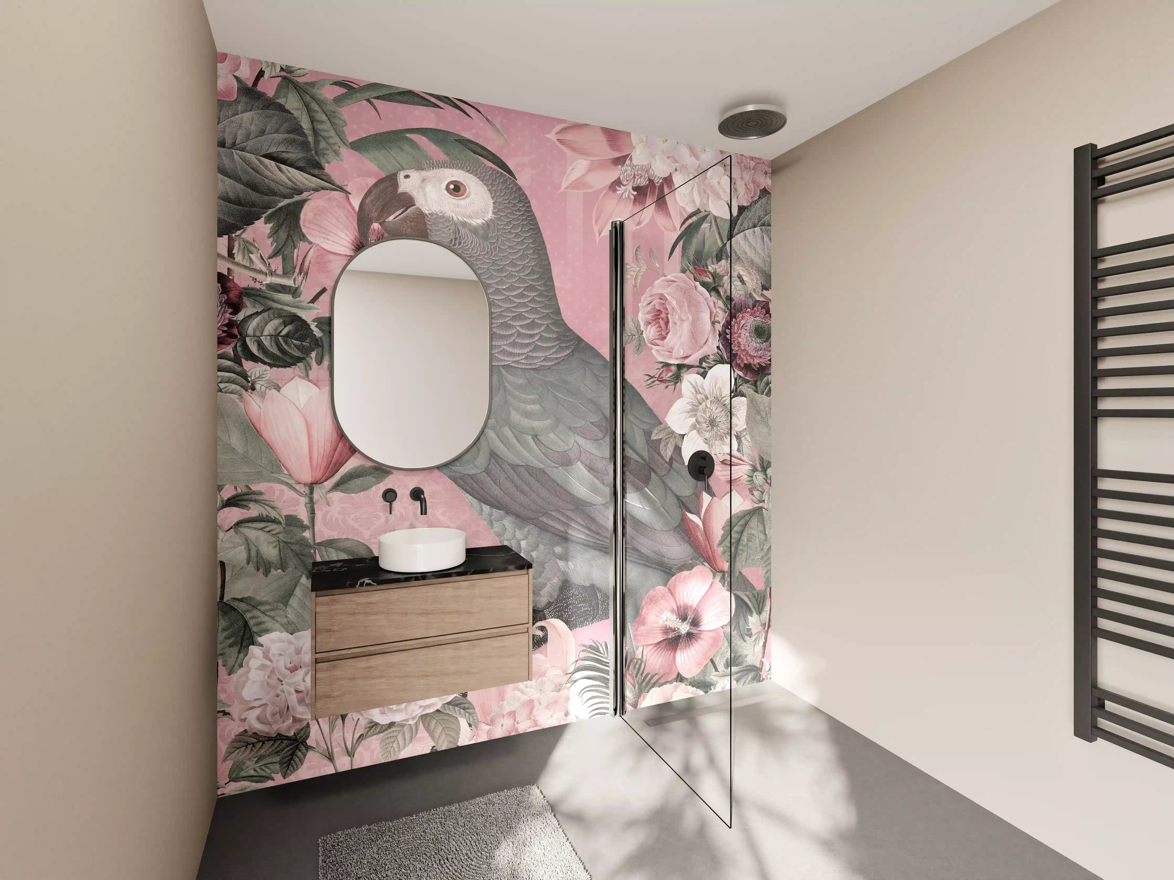 Wandverkleidung Bad - Pastellrosa Papagei Flora
