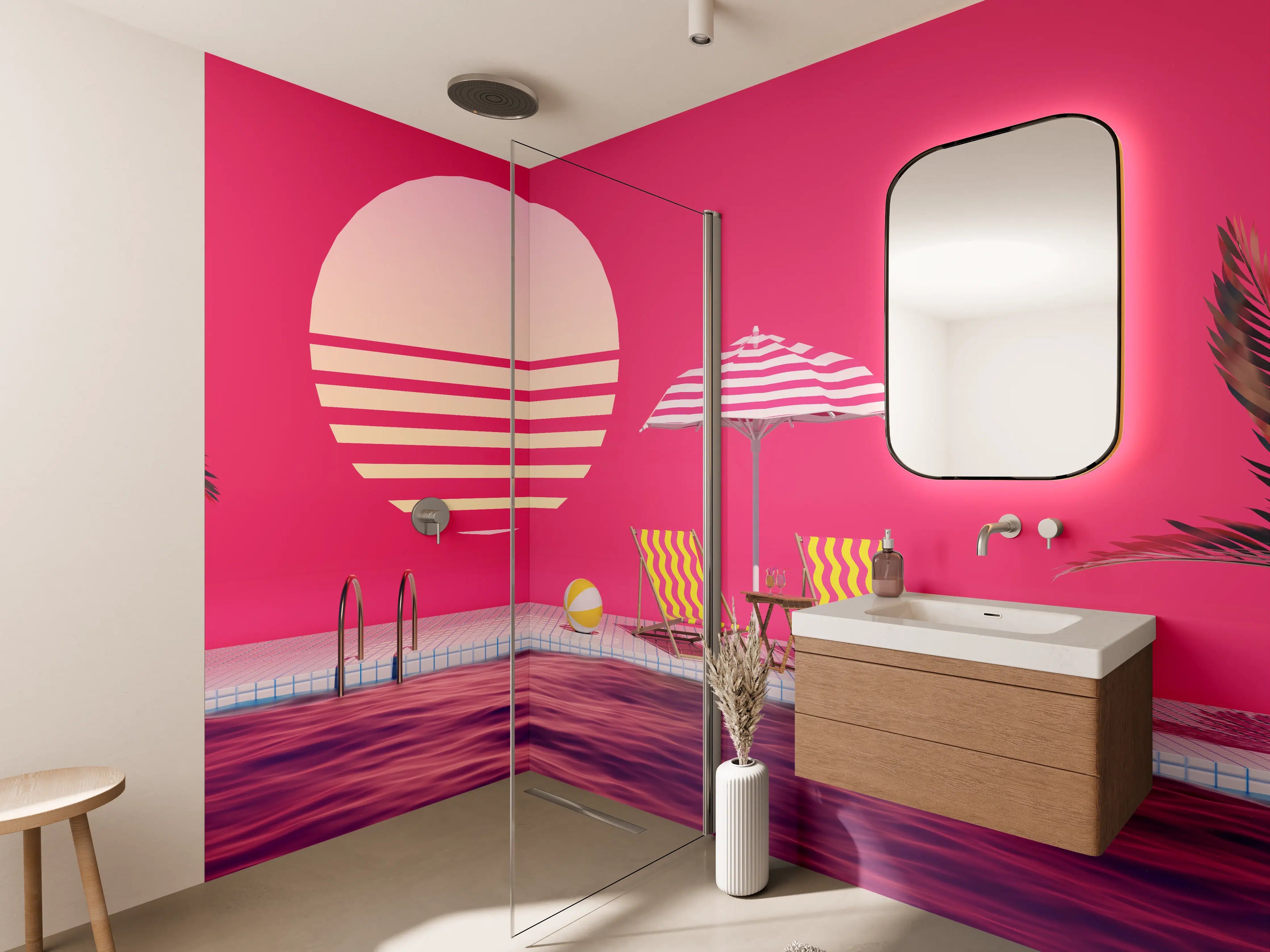 Wandverkleidung Bad - Poolparty mit Tropendeko Rosa