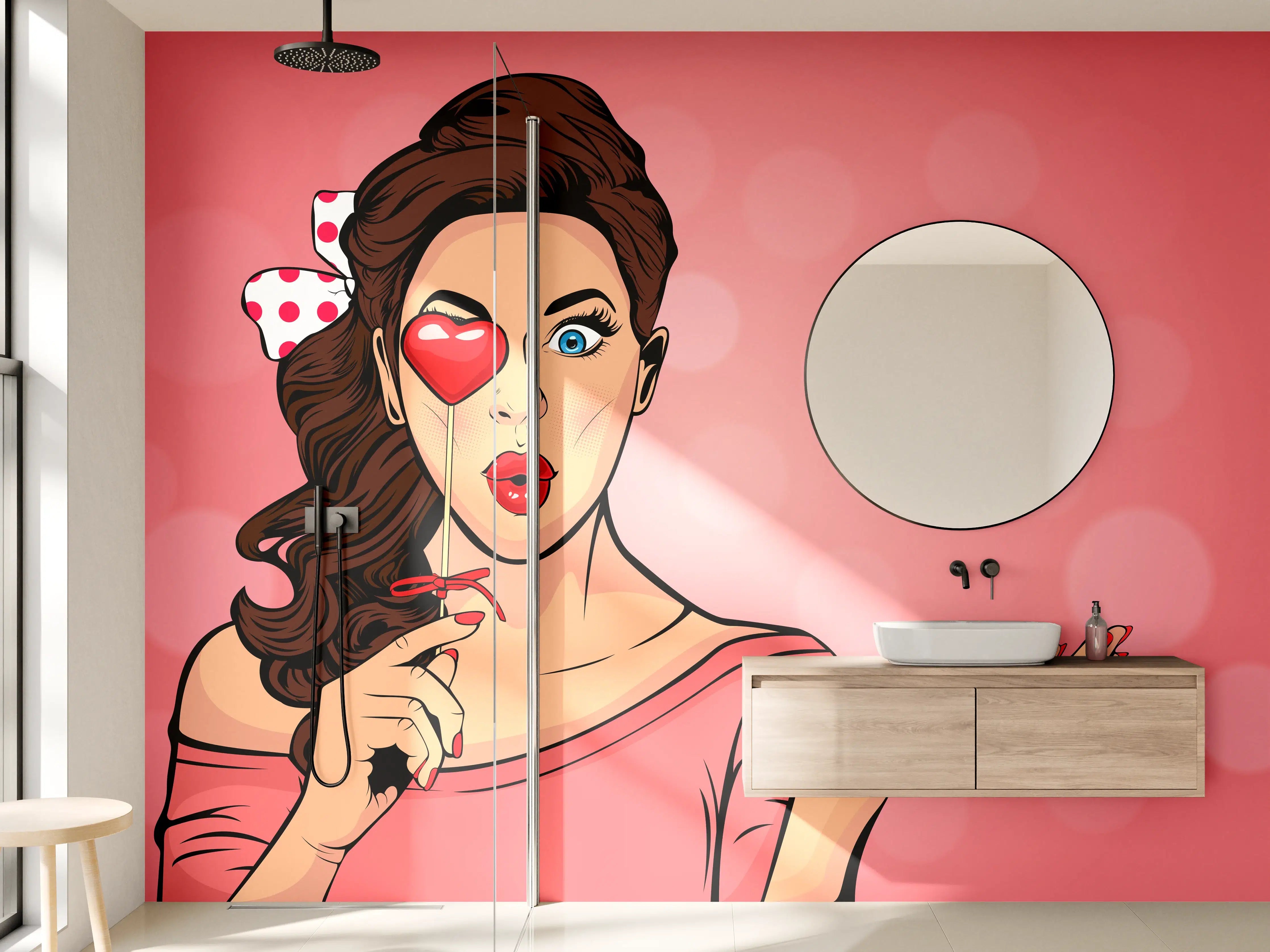 Wandverkleidung Bad - Pop-Art-Lady-mit-Herz-Lolly