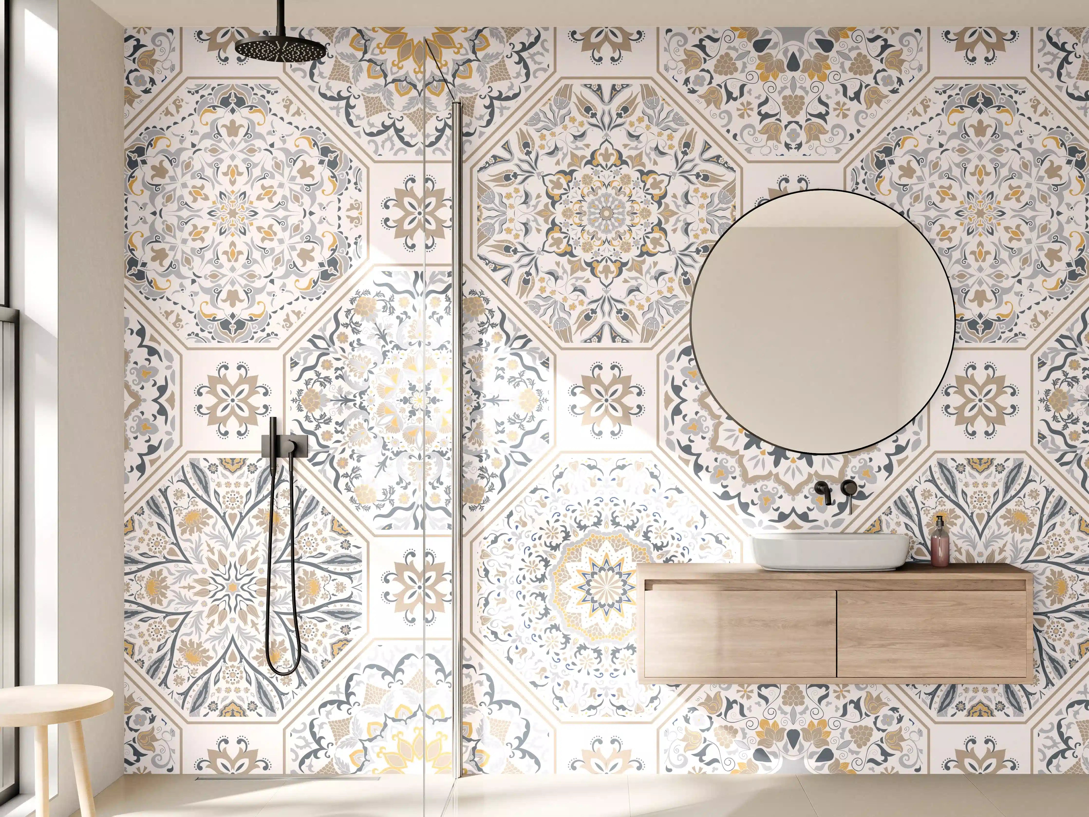 Wandverkleidung Bad - Premium Weiß-Grau Ornament-Muster