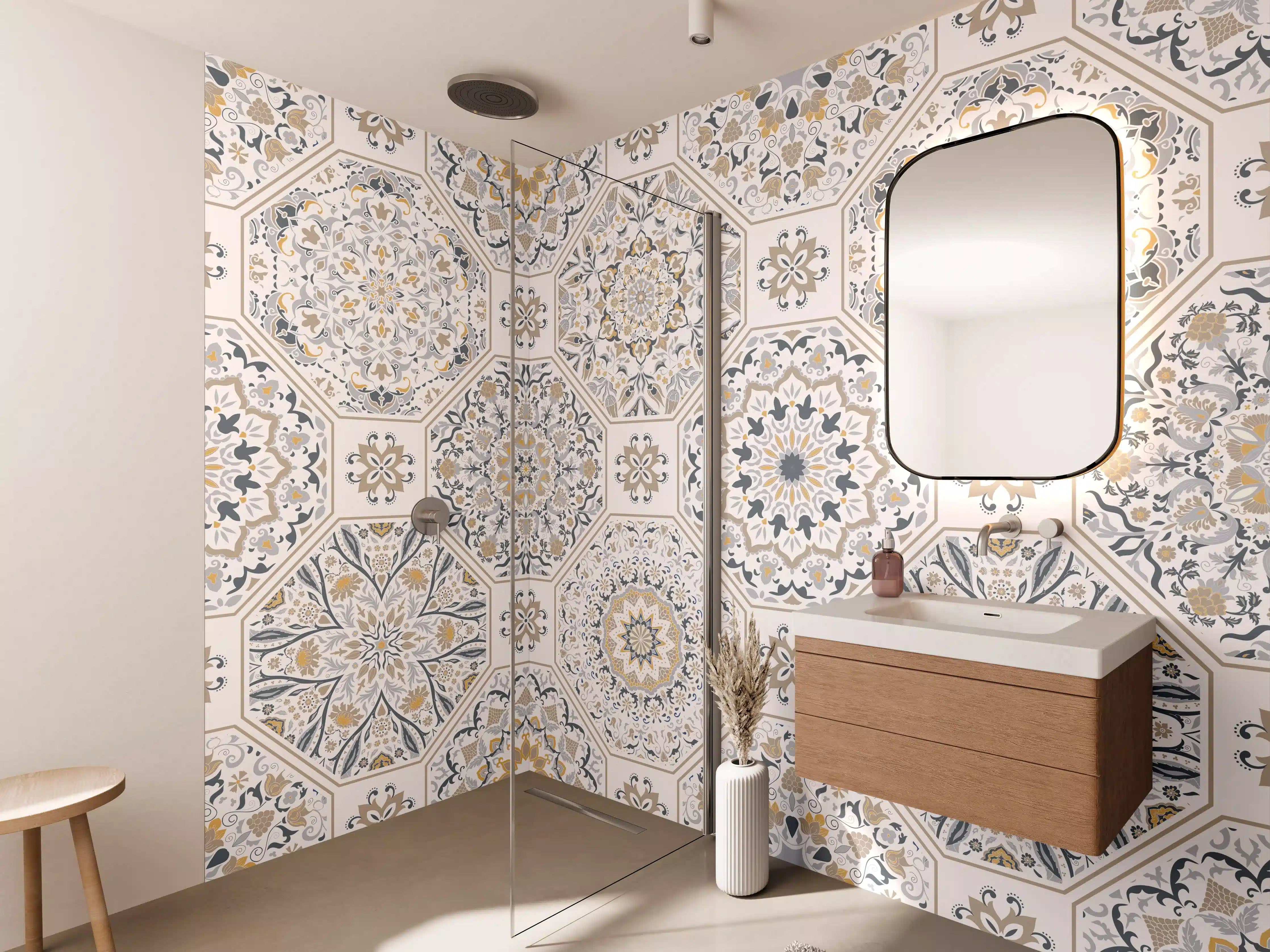 Wandverkleidung Bad - Premium Weiß-Grau Ornament-Muster