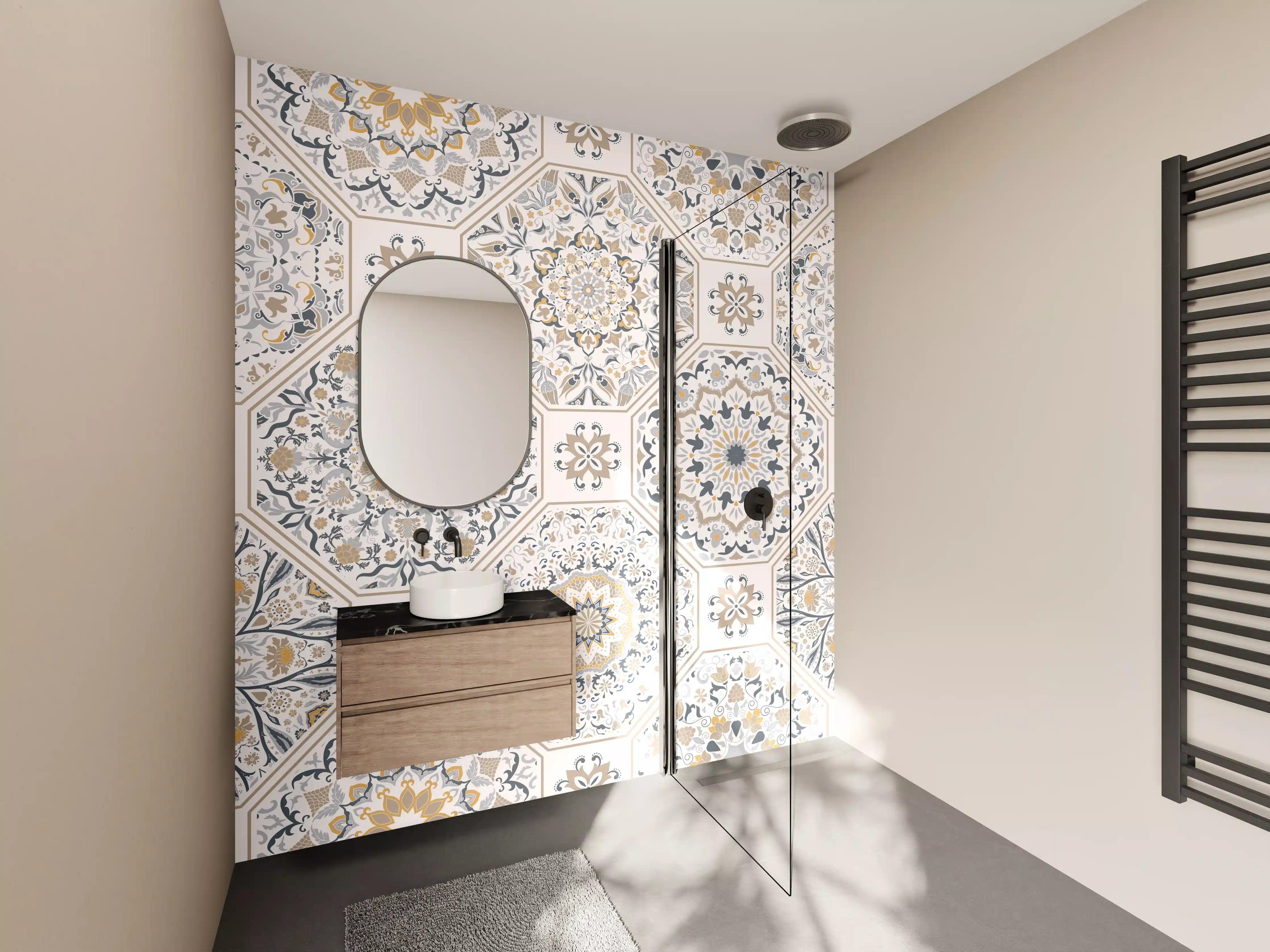 Wandverkleidung Bad - Premium Weiß-Grau Ornament-Muster