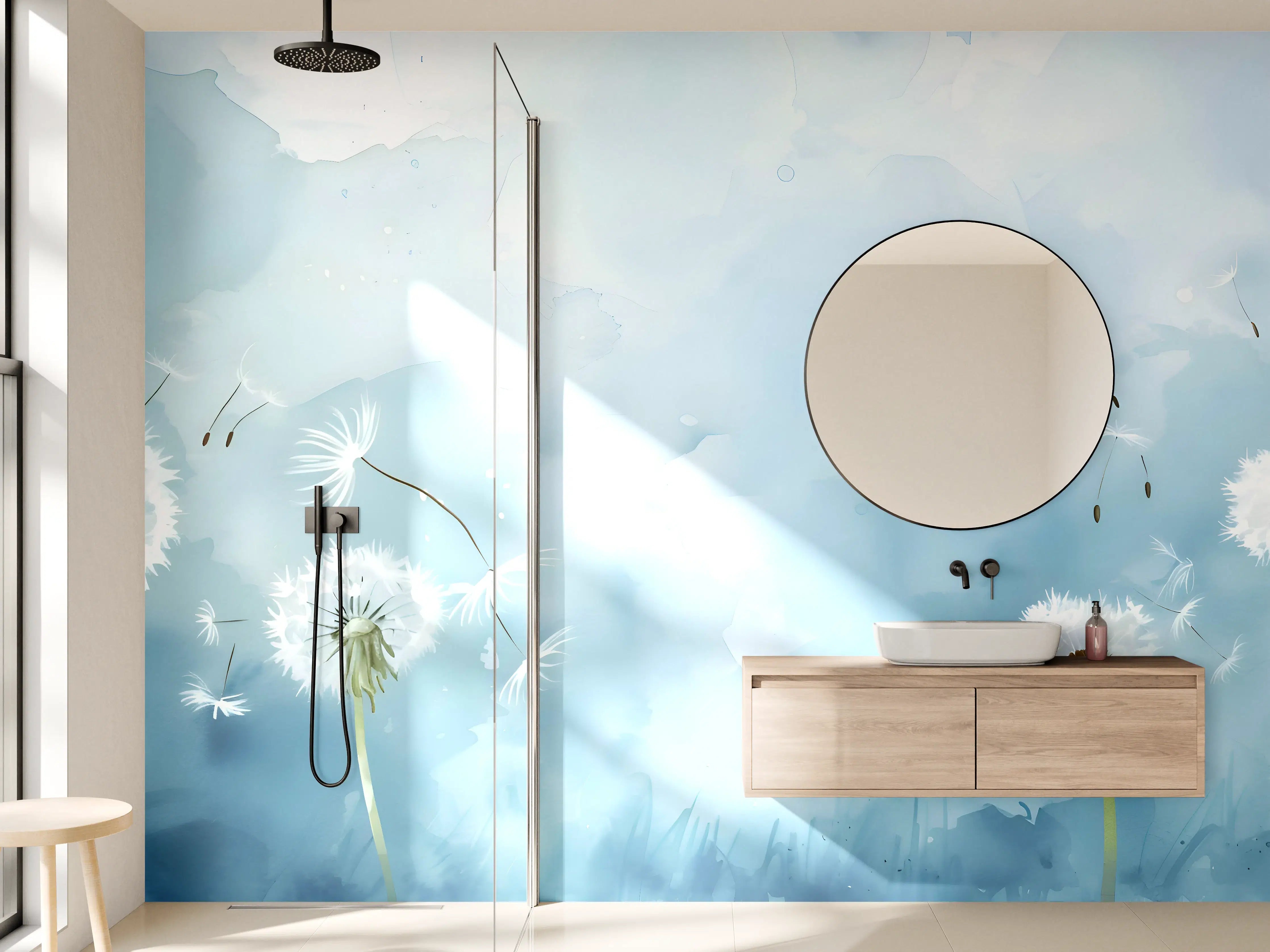 Wandverkleidung Bad - Pusteblumen Aquarell Blau-Weiß