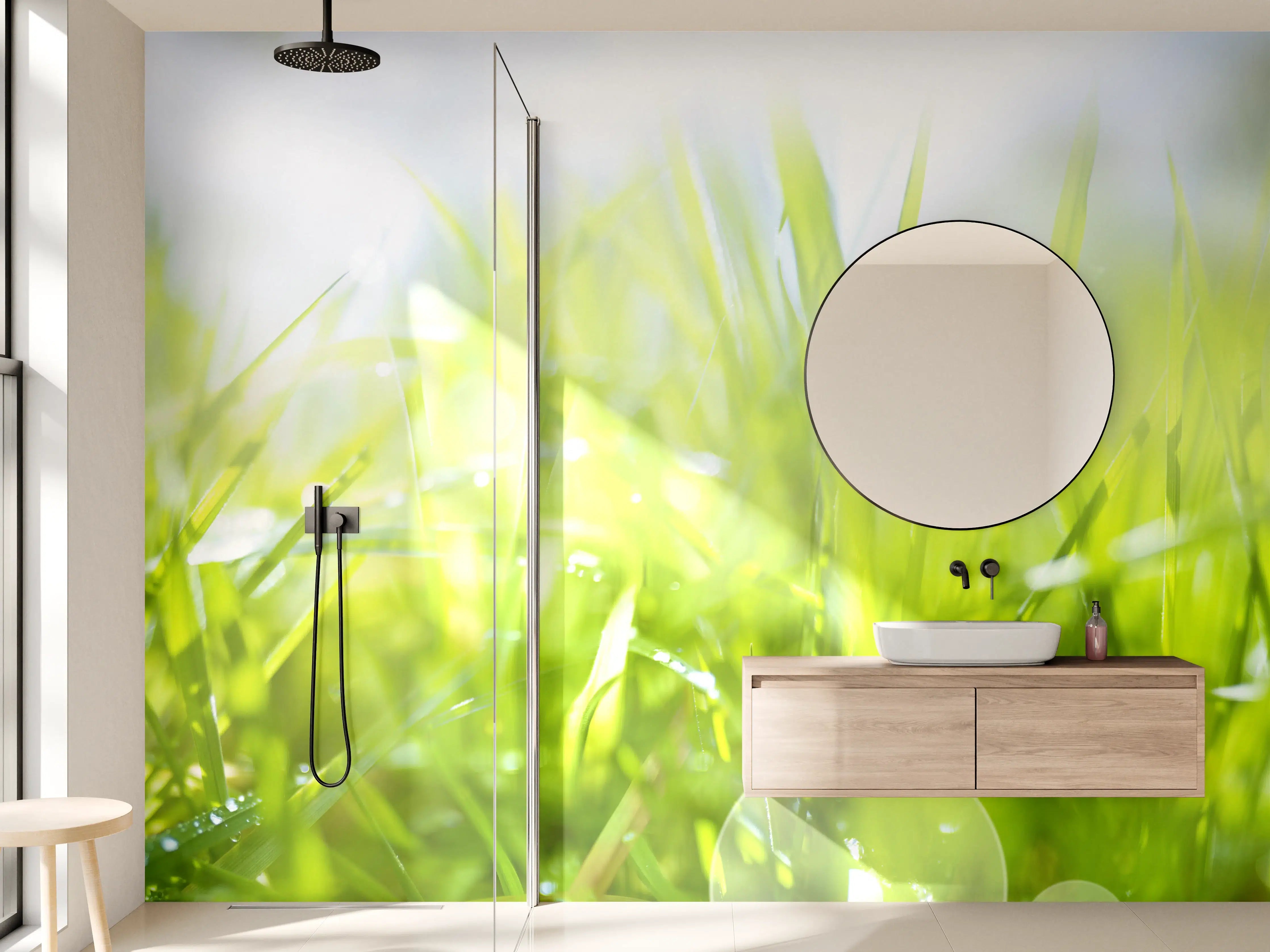 Wandverkleidung Bad - Pusteblumen auf grüner Wiese