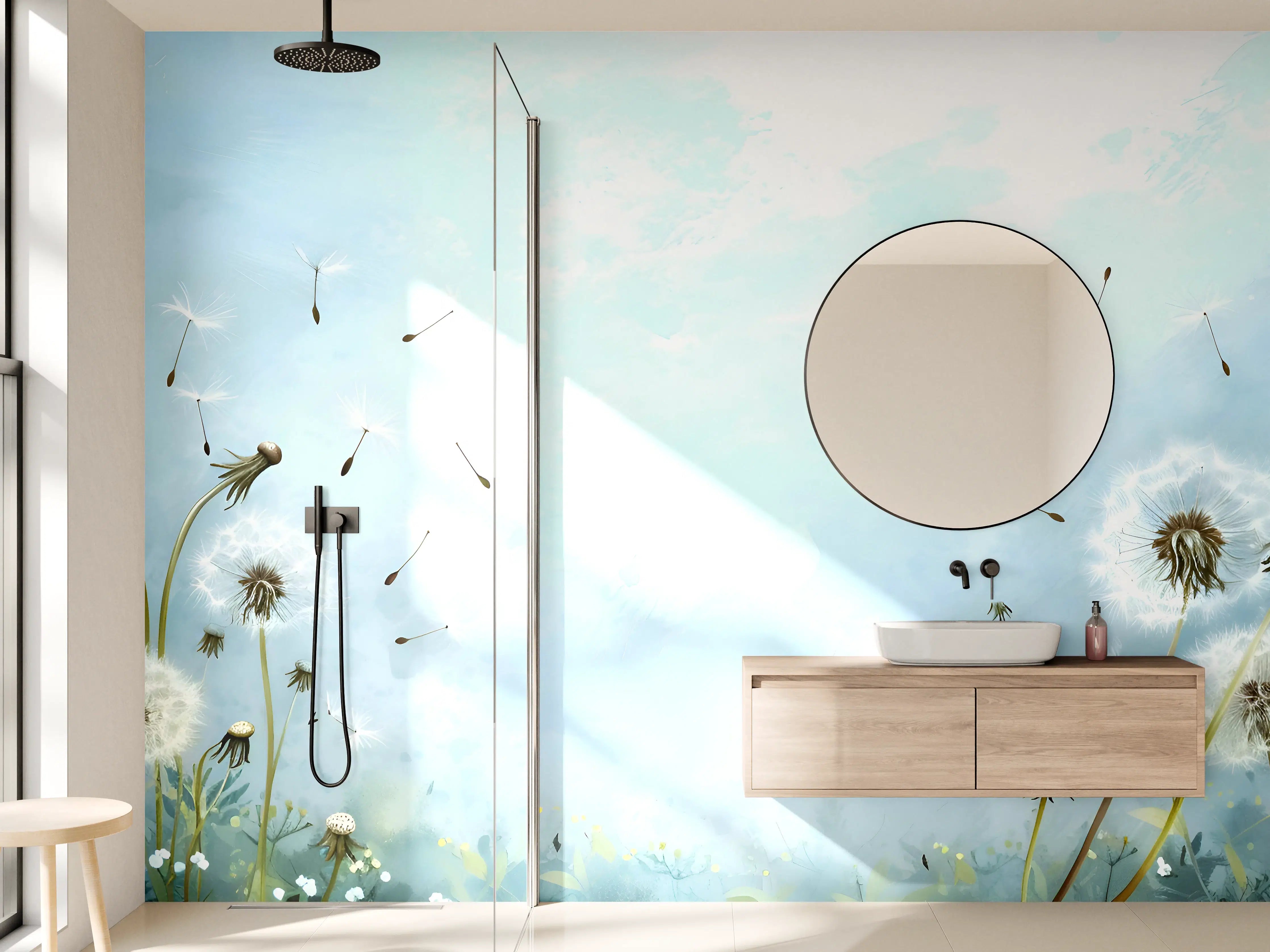 Wandverkleidung Bad - Pusteblumen im blauen Himmel